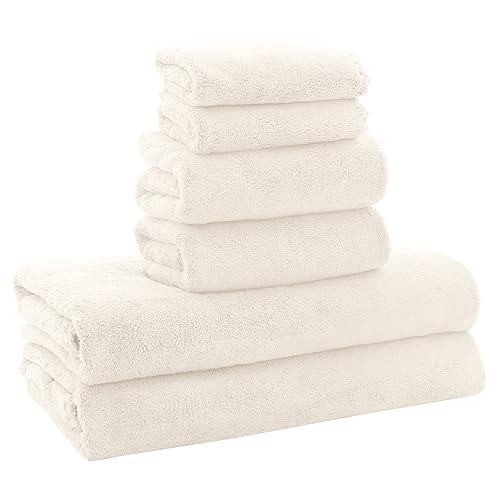MOONQUEEN Ultra Soft Towel Set-Quick Drying - 2 Bath Towels 2 Hand Towels 2 Washcloths-Microfiber Coral Velvet Highly Absorbent Towel for Bath Fitness,Bathroom,Sports,Yoga, Travel(Cream, 6 Pcs) - Cream