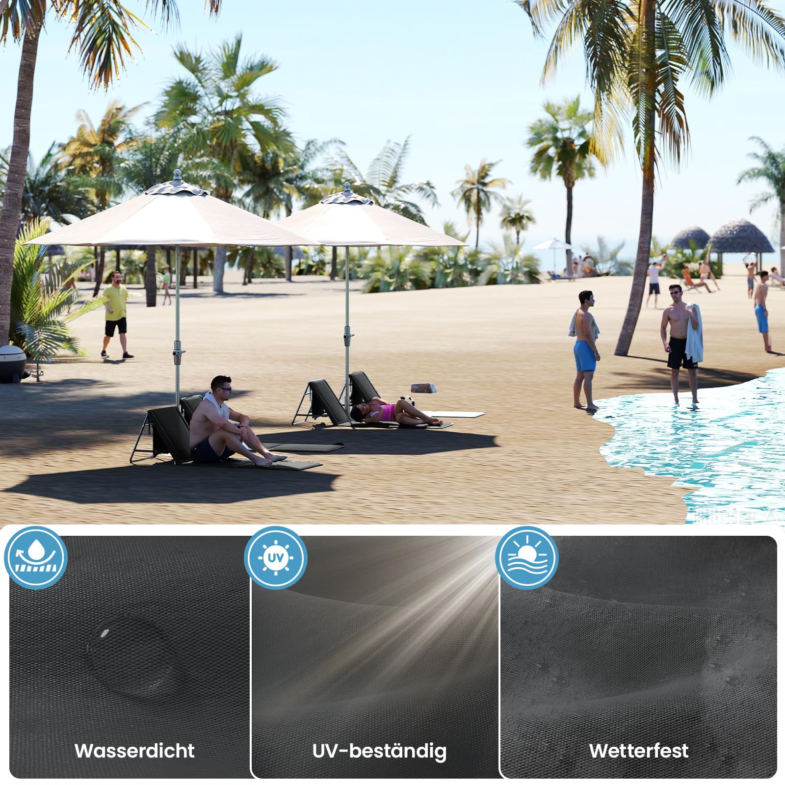 UDPATIO 2er Set Strandmatte mit Rückenlehne 195 cm, Strandstuhl, Verstellbare Strandliege Klappbar Leicht, Faltbare Sonnenliege für Strand, 150kg Belastbar, Sonnenmatte Gepolstert mit Tasche, Schwarz