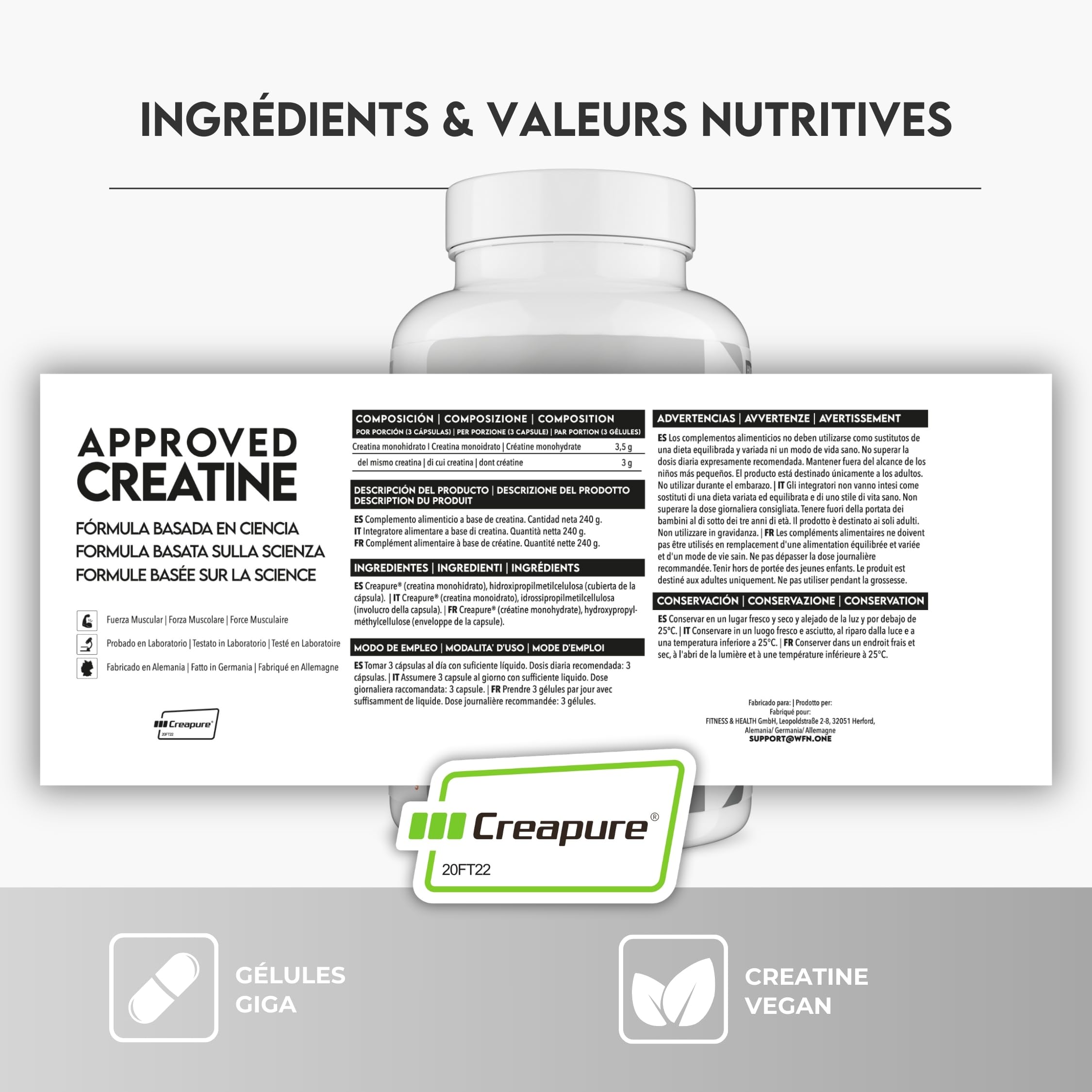 WFN Approved Creatine Capsule - Créatine Monohydrate Creapure Gelules - 180 Gélules - 60 Portions - Végétalien - Testé en Laboratoire
