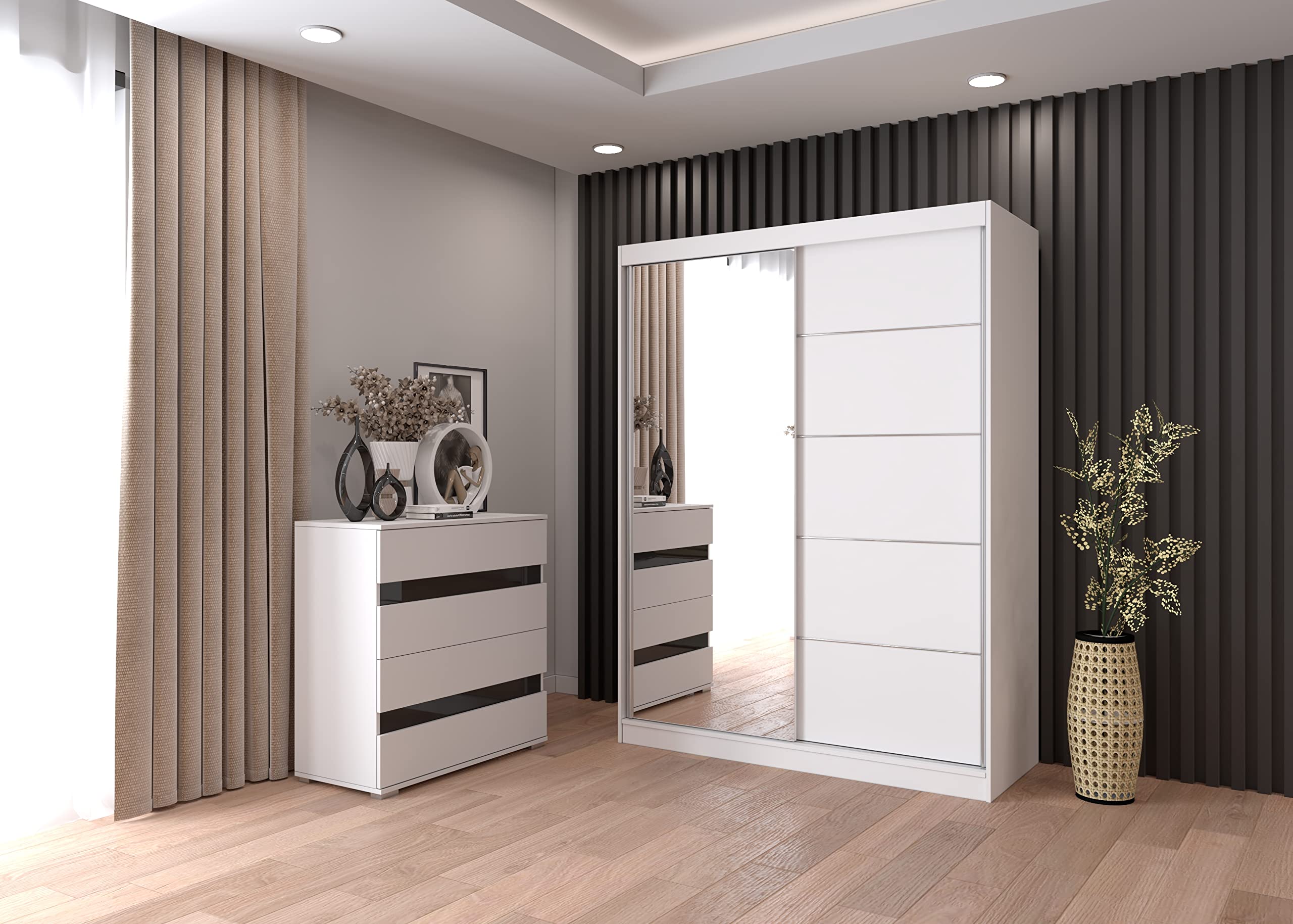 Fabryka Mebli Idźczak Schlafzimmer-Set Komplett Vista Lucca - weißer Kleiderschrank mit Spiegel und Kommode Innovativer - Innovativ, Stilvoll, Modern