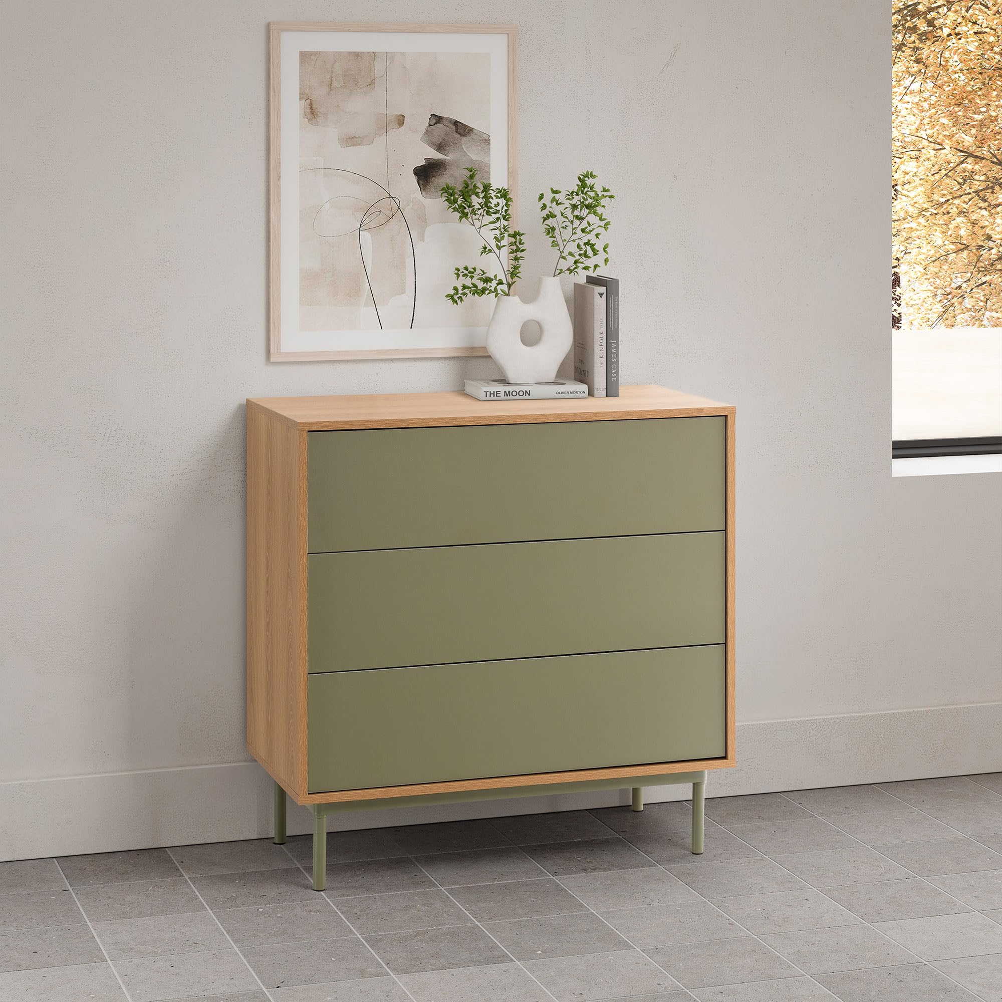 HOMN LIVING Cómoda de Noche Cuzco 3 cajones Color Roble/Verde, 80 cm (Ancho) 40 cm (Profundo) 80 cm (Altura)