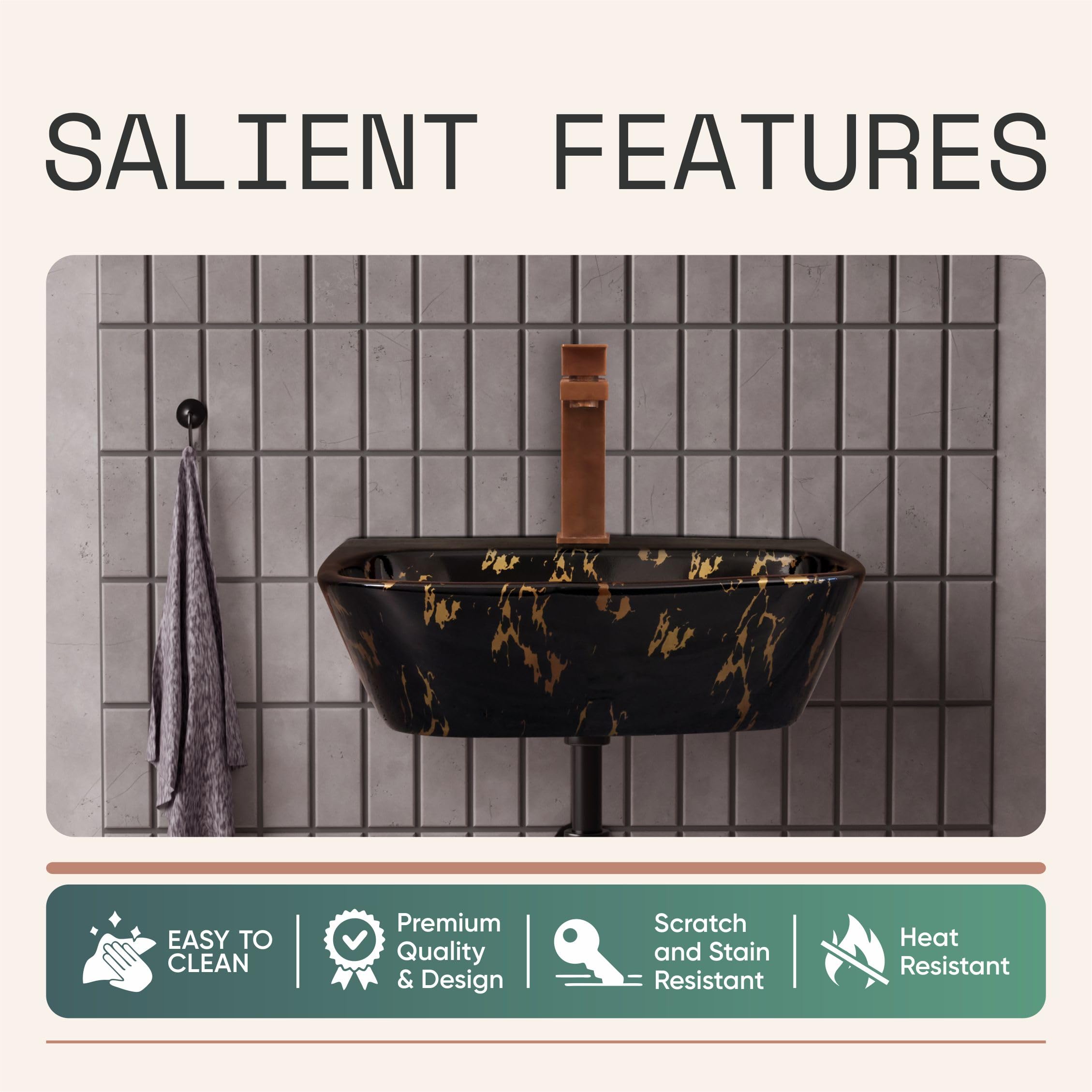 HISRE Wall Mount Wash Basin 17 x 12 x 5 Inch | Black Brown Marble Finish Ceramic Sink | Modern Rectangular Bathroom Basin for Home, Office, and Hotels, photo 3 of 5