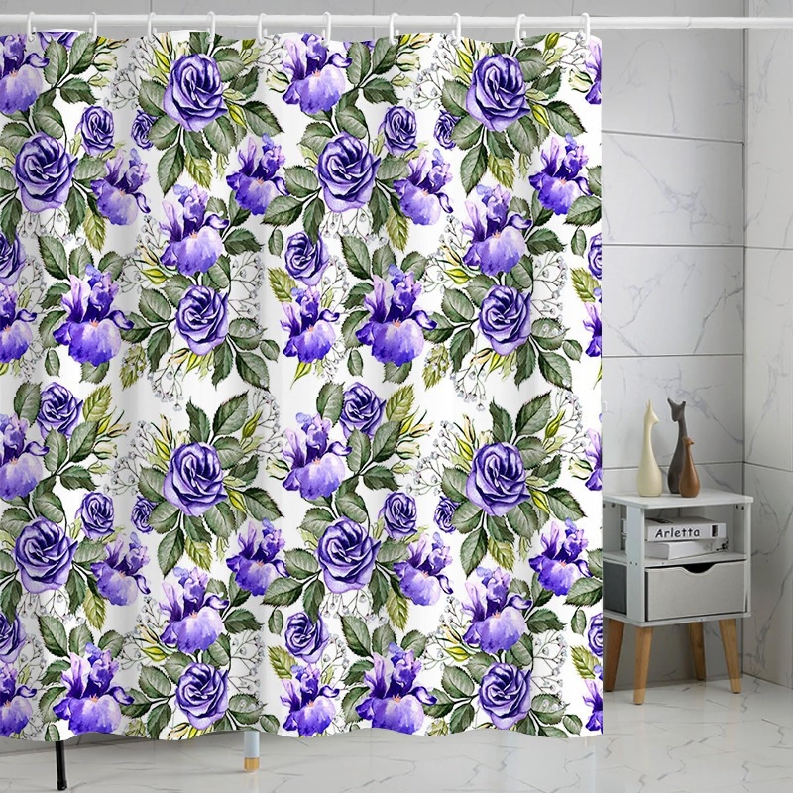Shower Curtains Purple Flower Leaves Wet Room Shower Curtain Mould Proof Resistant Waterproof Polyster Fabric Washable with 12 Hooks Garden Bathroom Curtains (180x180cm)