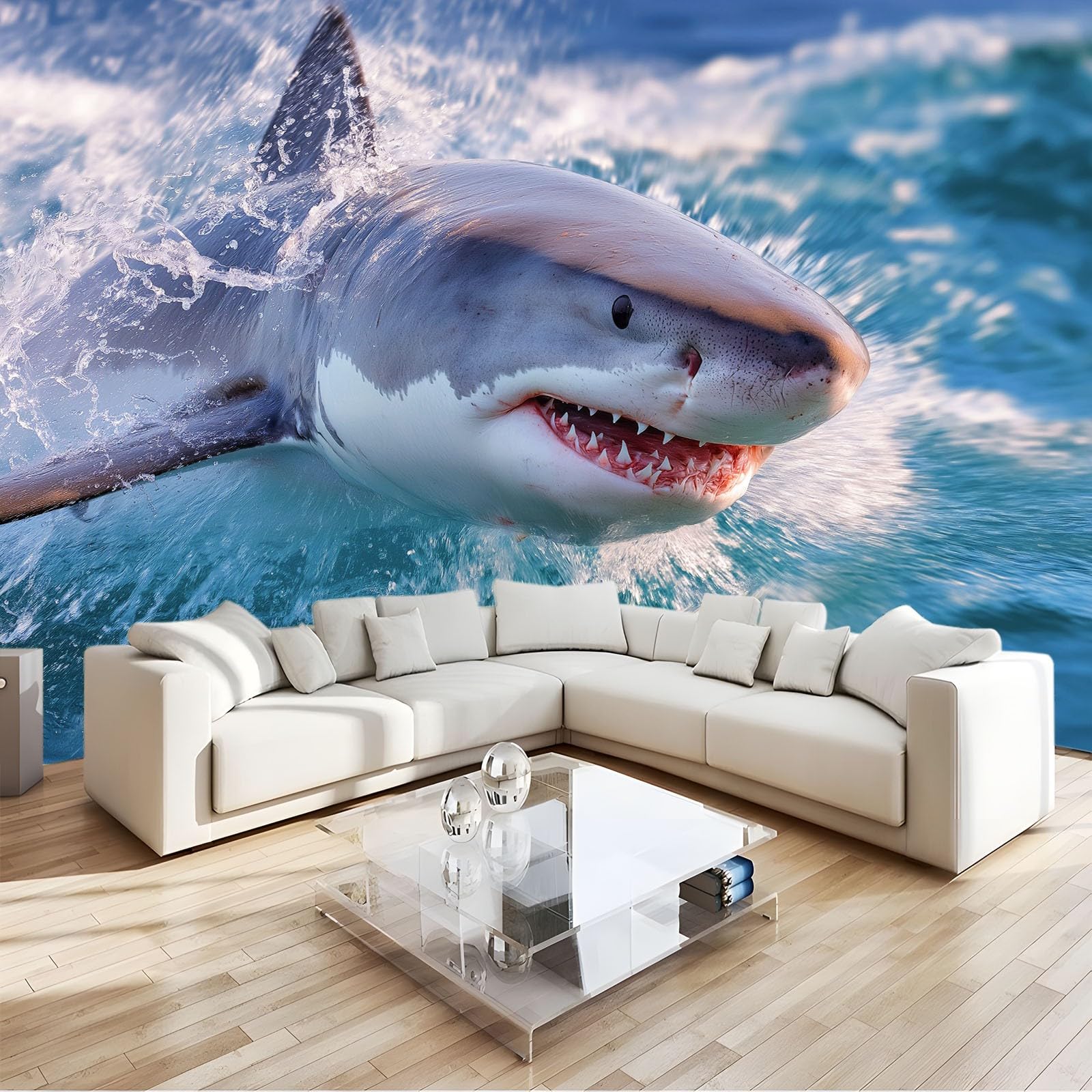 Générique Panoramiczna tapeta oceanu rekiny 200 x 140 cm, dekoracja ścienna z dzikimi zwierzętami do salonu sypialni, niebieski gobelin ścienny tapeta z włókniny