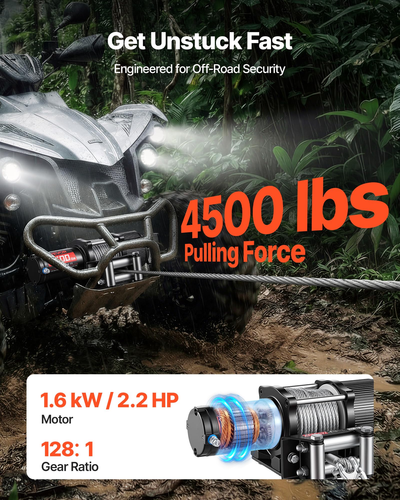 VEVOR Verricello Elettrico con Cavo da 2041 kg, Verricello Elettrico da 12 V CC per ATV/UTV con Cavo in Acciaio Ø 6 mm x 12 m, Telecomando Wireless e Cablato, Protezione IP54, per Recupero Stradale