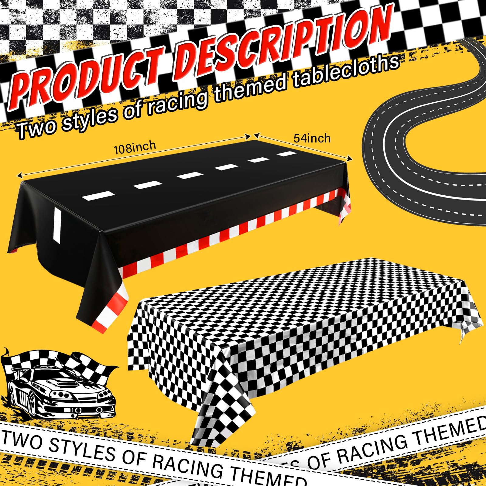 Breling 6 Packs Car Birthday Party Decorations Plastic Car Table Cloth Two Fast Disposable Race Road Checkered Party Supplies Race Theme Party Favors for Birthday, 54 x 108 Inch