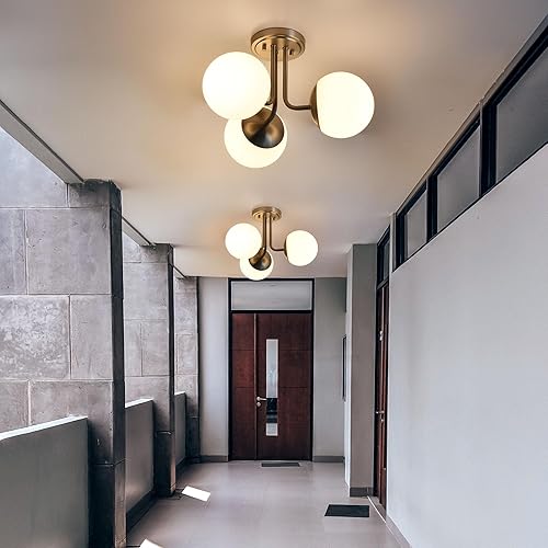 Miniatura 6 de Hanaloa Lámpara de techo semiempotrada de 3 luces, níquel cepillado, lámpara de araña moderna de globo, iluminación Sputnik para cocina, dormitorio,