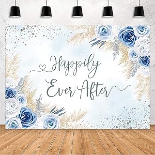 MEHOFOND Happily Ever After Backdrop Boho Bridal Shower Wedding Party Decorations Banner Blue Bohemia Floral Silver Dots Pampas Grass Wedding Bachelorette Engagement Party Photography Background 7x5ft