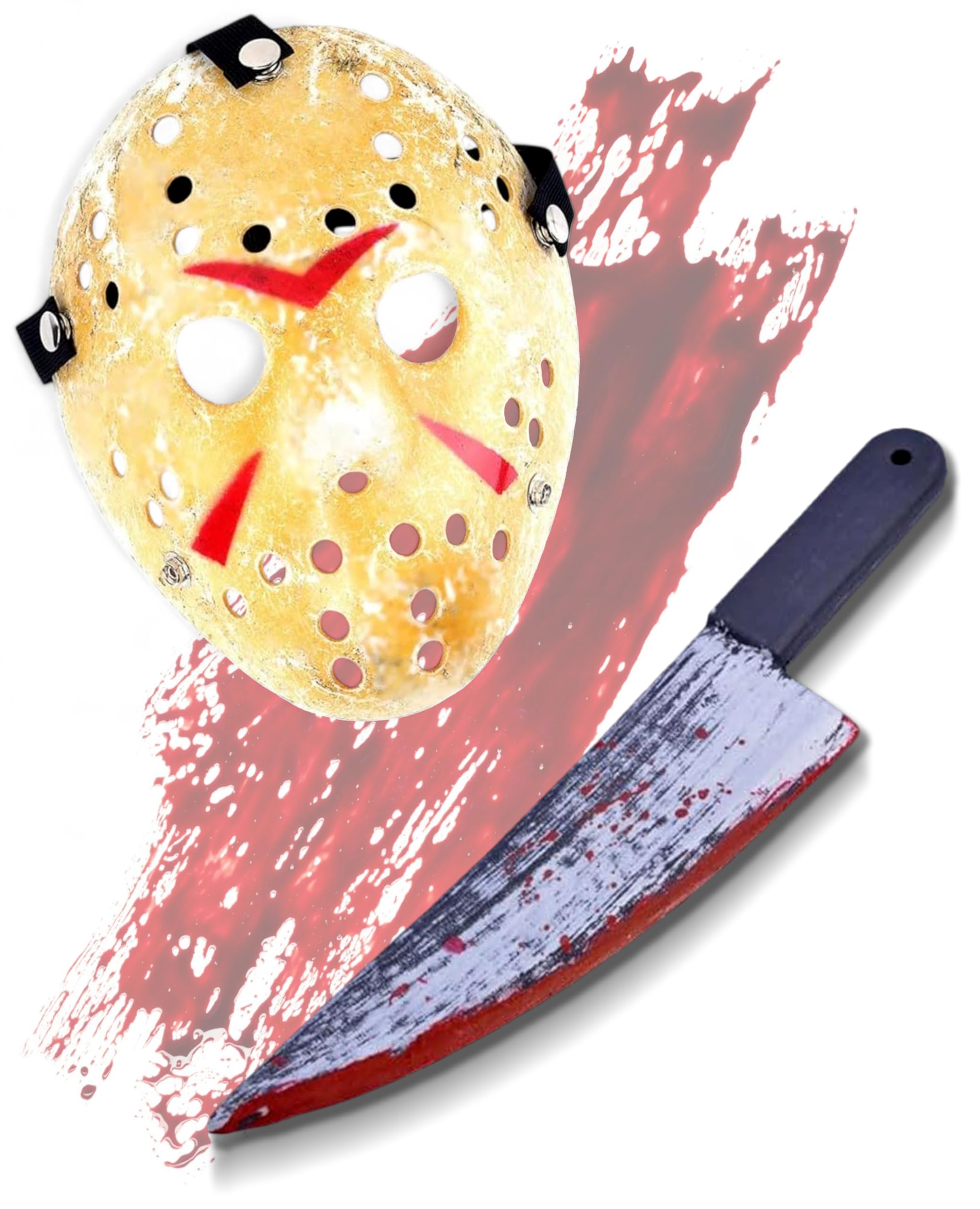 Mega_Jumble Adult Jason Voorhees Mask & Bloody Machete Props - Creepy Halloween Demon Killer Horror Scary Party Fancy Dress Costume (Jason Mask & Blood Splattered Knife)