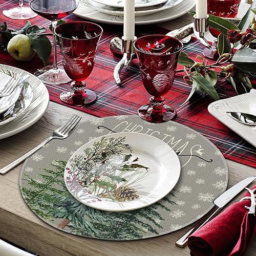 Miniatura 3 de Artoid Mode Juego de 4 manteles individuales redondos con diseño de copo de nieve de pino y copo de nieve de 15 pulgadas para decoración de comedor