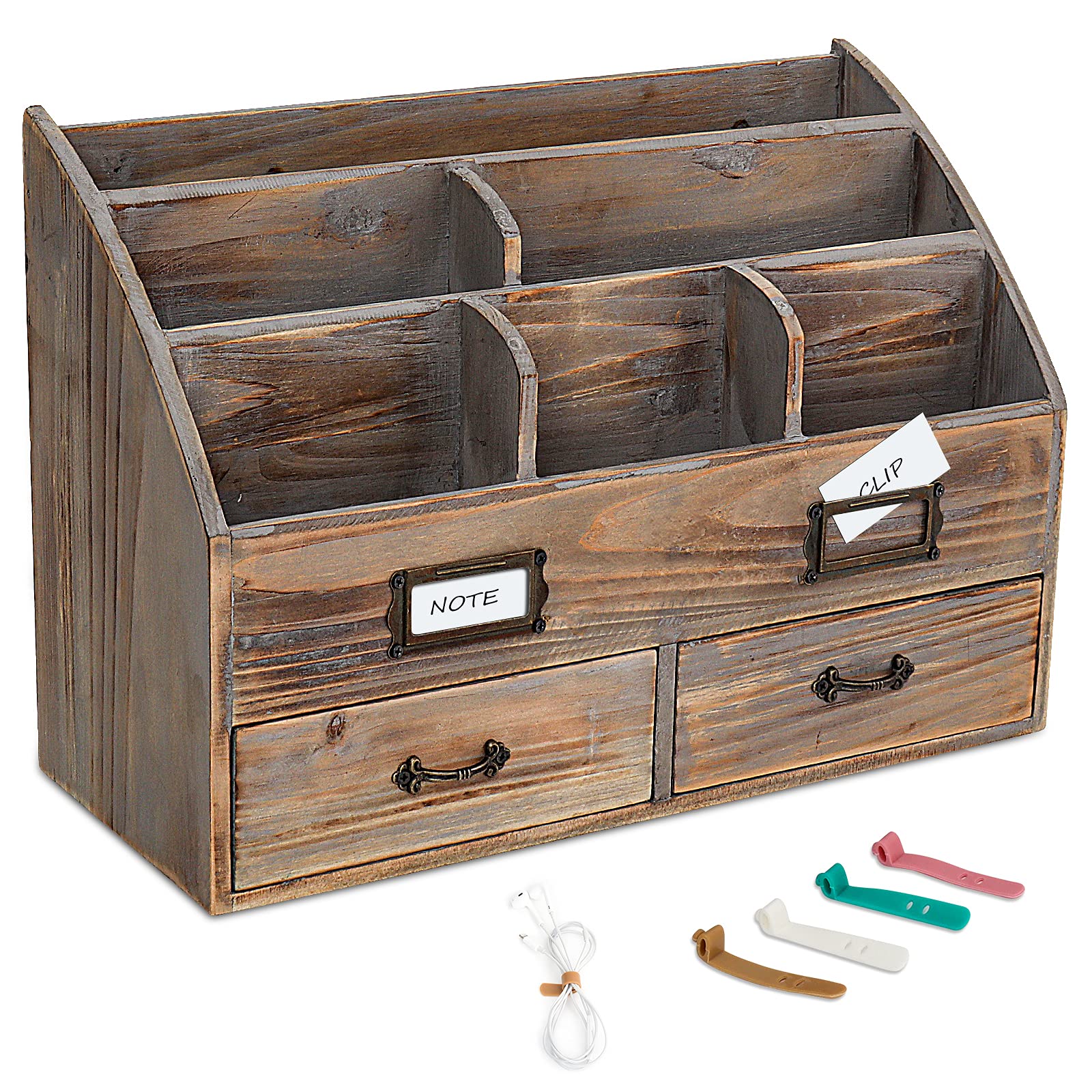 SXNOWS Wood Rustic Desk Organizer for Office Supplies,Drawer Organizers with 4 Cable Straps Organize
