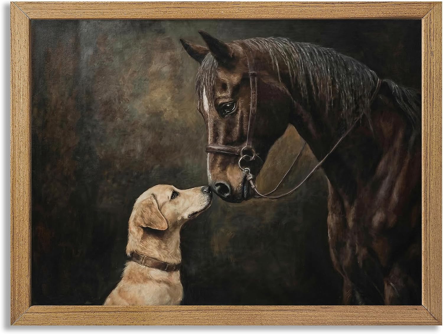 Pveror Horse and Dog Wall Art - Vintage Rustic Farmhouse Framed Print, Classic Animal Friendship Painting. Perfect Decor for Living Room, Cabin, or Country Home 12x16 Inch