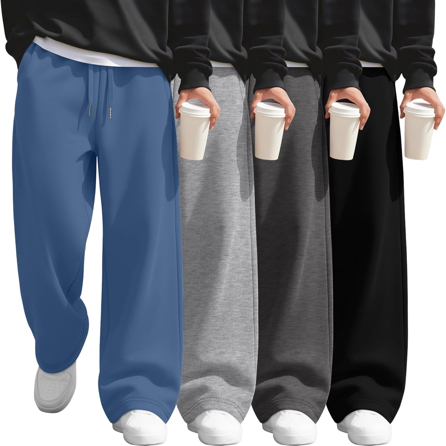 4 Pack Boy's Wide Leg Sweatpants Elastic Waist Baggy Athletic Pants Open Bottom Kids Casual Joggers with Pockets
