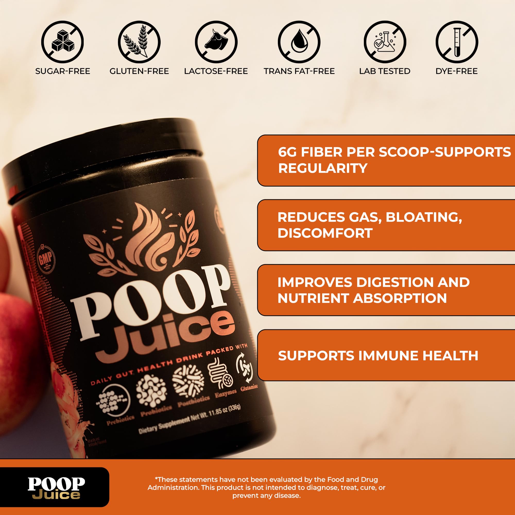 Amazon.com: Poop Juice 5-in-1 Daily Fiber Supplement Powder - Bloat & Poop  Relief - Prebiotic, Probiotic, Postbiotic, Digestive Enzymes, L-Glutamine -  GLP-1 Support - Sugar-Free Georgia Peach Mango (30 Servings) : Health &  Household