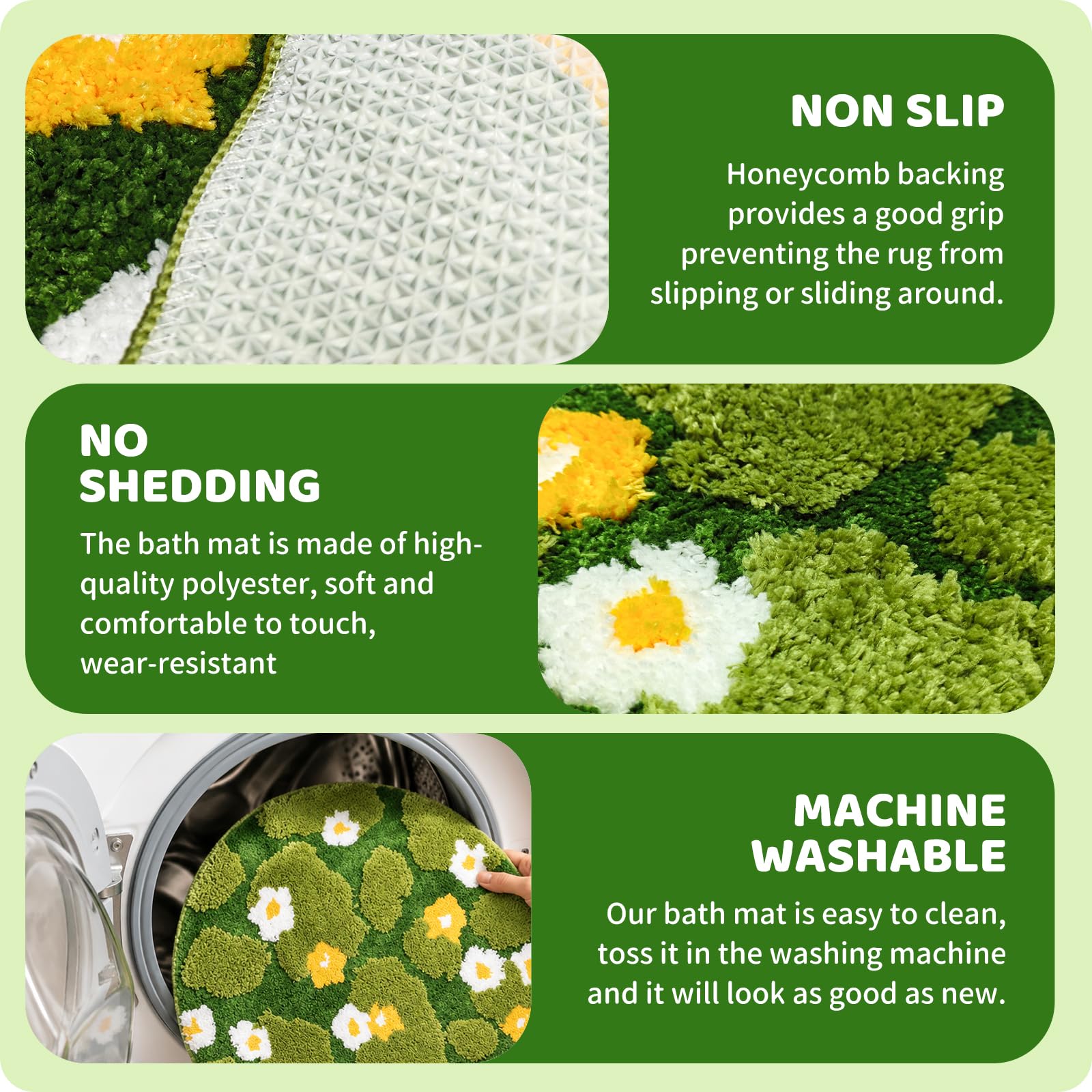 Tappetino da Bagno Verde a Fiori e Muschio, Tappeto da Bagno in Microfibra Spessa 3D Tufted Morbido e Soffice, Antiscivolo Lavabile Assorbente 60x60 cm