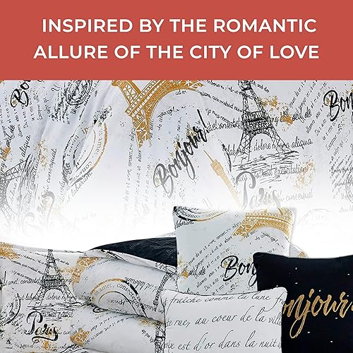 Miniatura 5 de Sapphire Home Juego de edredón King de 7 piezas con fundas de almohada y cojines, funda de cama con temática de Torre Eiffel de París, cama en una