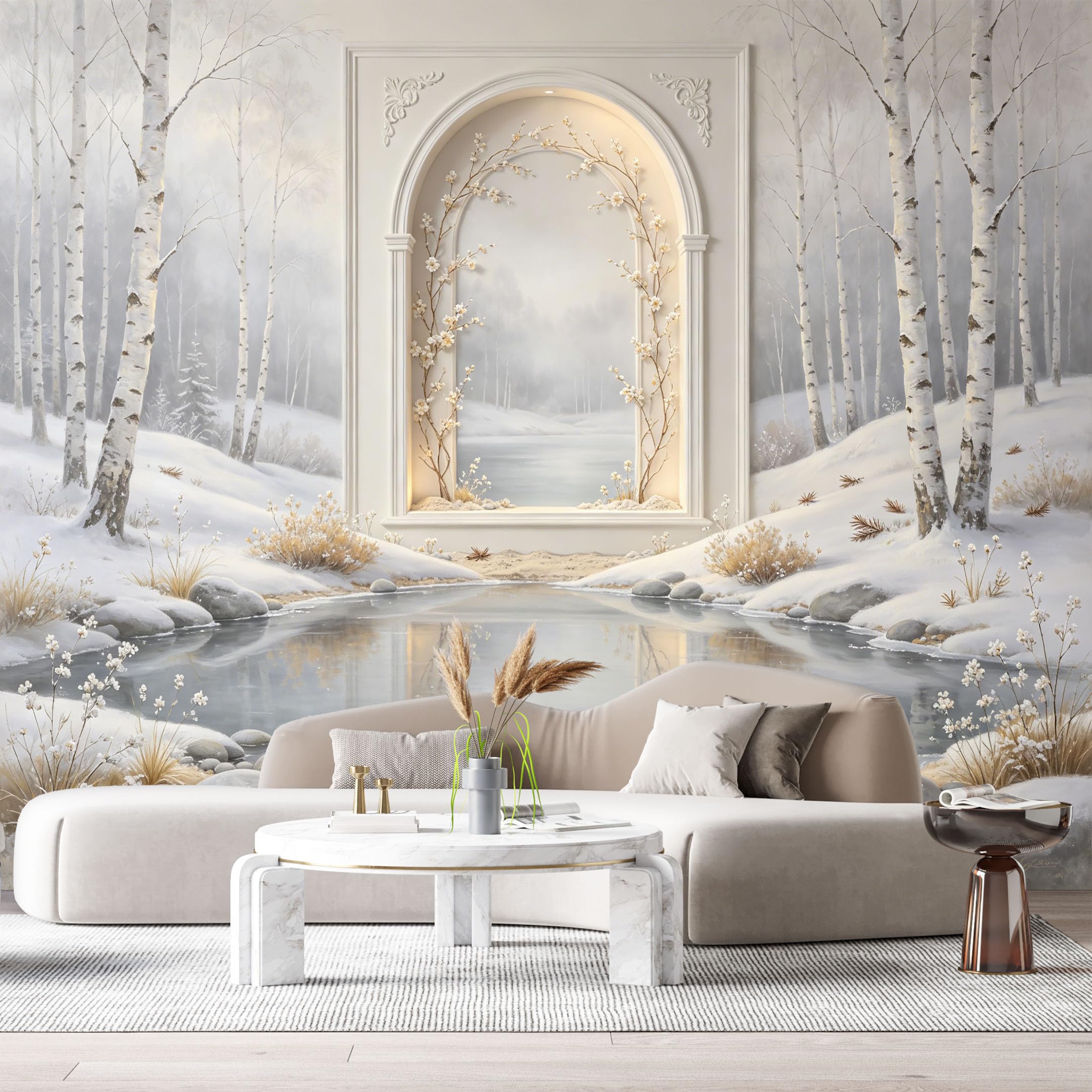 Custom Size Wall Murals Winter Birch Tree Lake Archway Landscape 3D Trompe L'Oeil SelfAdhesiveWall Fabric Removable Wallpaper Wall Decor for Living Room Bedroom Bathroom
