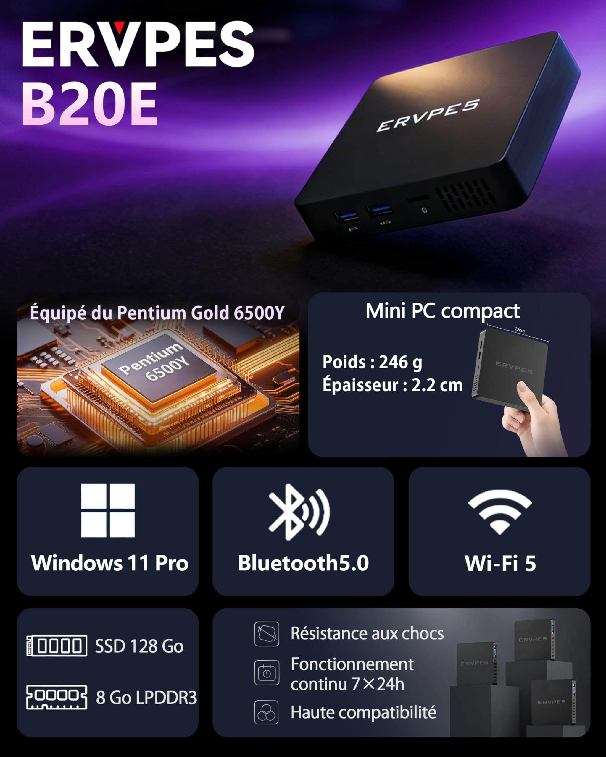 Mini PC Pentium 6500Y 8GB LPDDR3 128GB SSD Windows 11 Pro 4K Double Écran WiFi5 BT5.0 Gigabit Ethernet USB3.2 VESA Silencieux