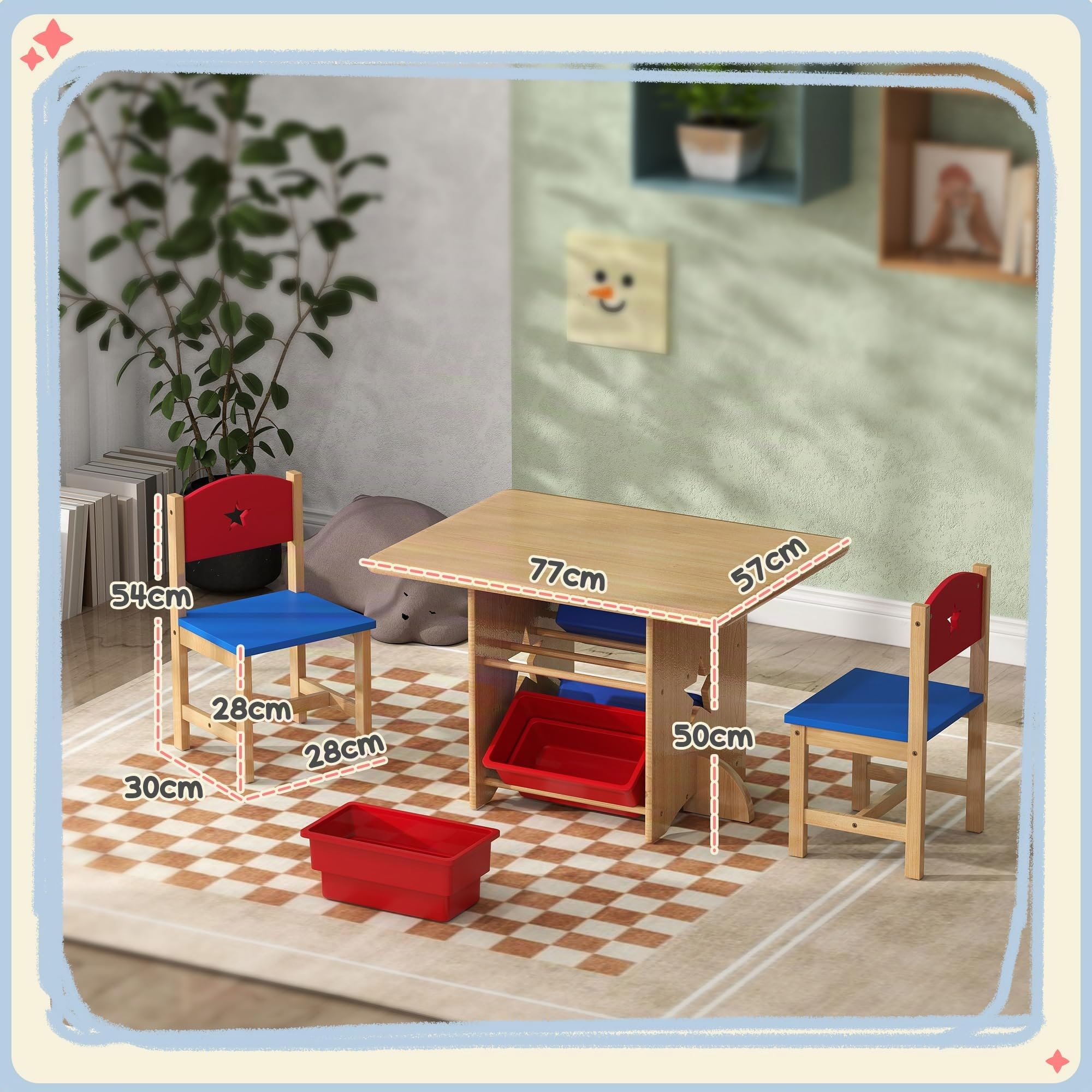 AIYAPLAY Mesa y Sillas Infantiles de 3 Piezas, Mesa Infantil, Natural | 2 Sillas, 4 Cestas de Almacenamiento, Juego de Muebles para Actividades, Niños de +3 Años, Sala de Juegos