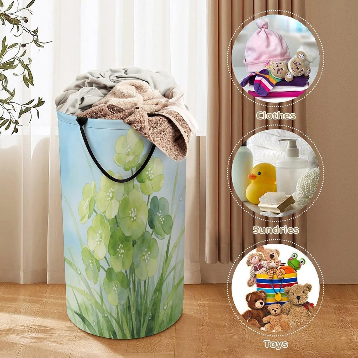 Green Floret Laundry Hamper Portable Lightweight Clothes Hampers Fashion Dirty Laundry Storage Basket Large Capacity Foldable Clothes Baskets for Bathroom Bedroom