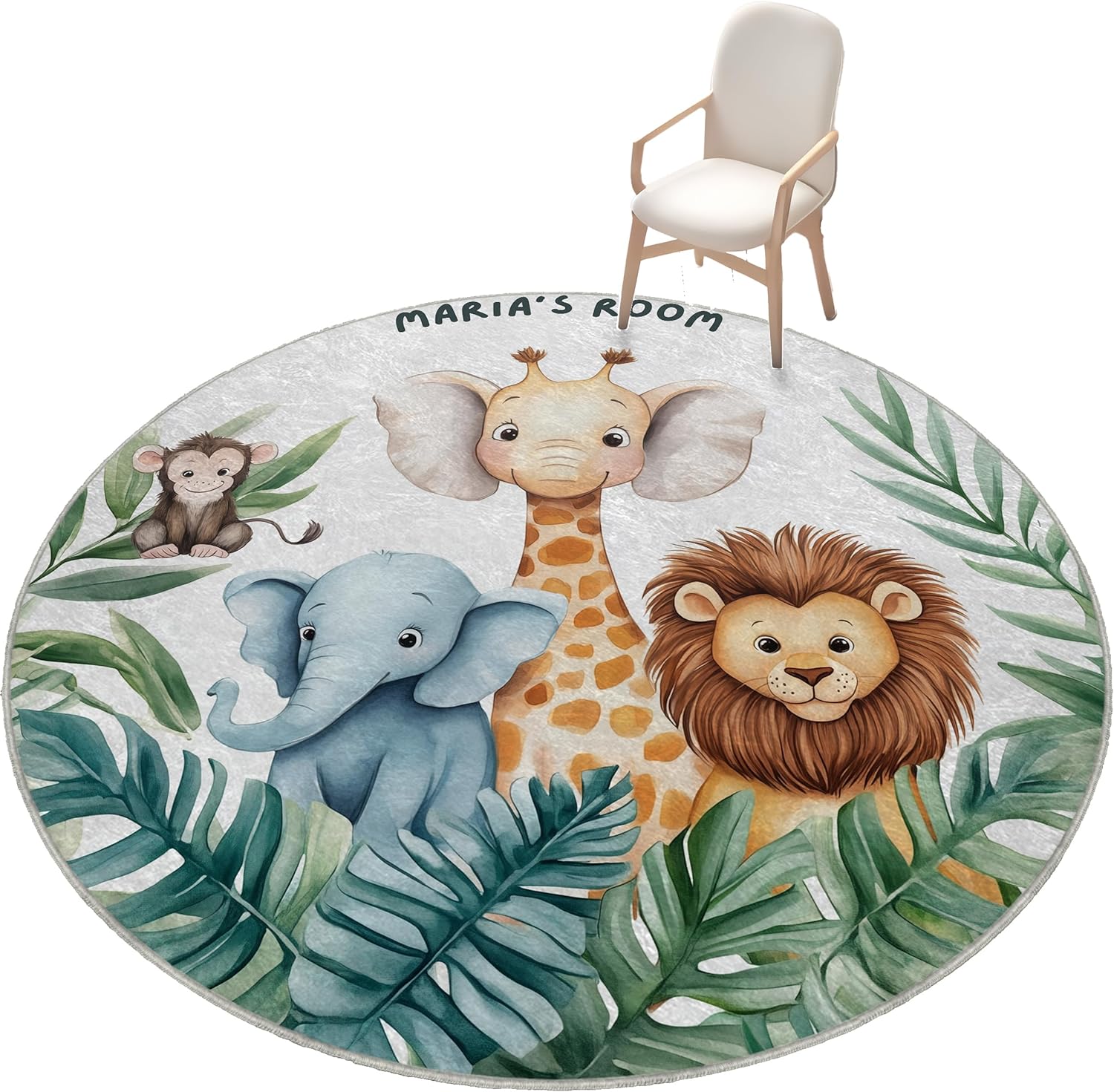 Personalized Safari Nursery Rug with Name – Washable Round Rug for Baby Room, Safari Animal Kids Rug, Custom Jungle Theme Area Rug for Nursery Decor, Cute Playmat for Kids