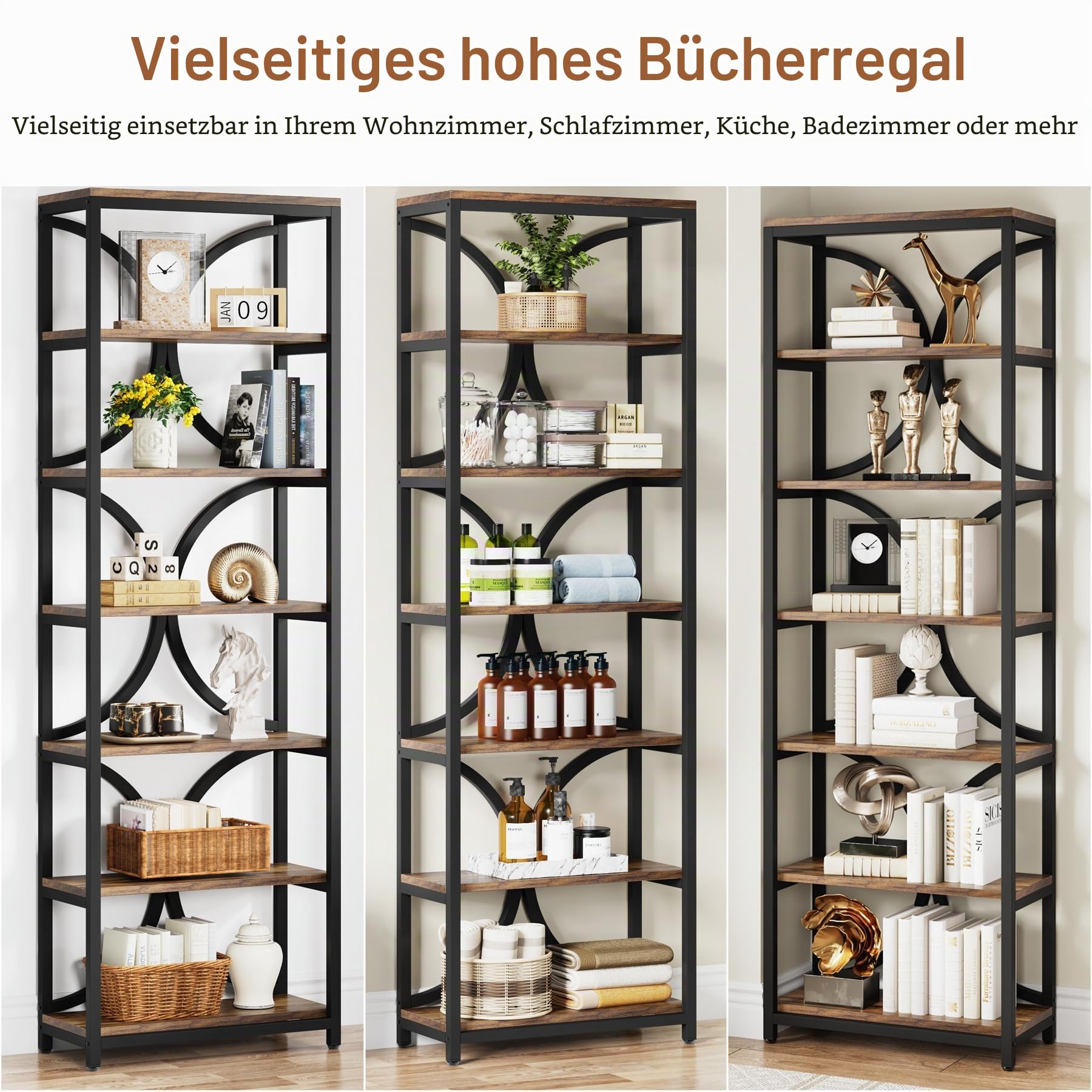 Tribesigns Bücherregal mit 6 Ebenen, 200 cm industrielles Küchenschrank mit Lagerregalen, Aufbewahrungs-Organizer für Wohnzimmer, Schlafzimmer und Home Office, Braun