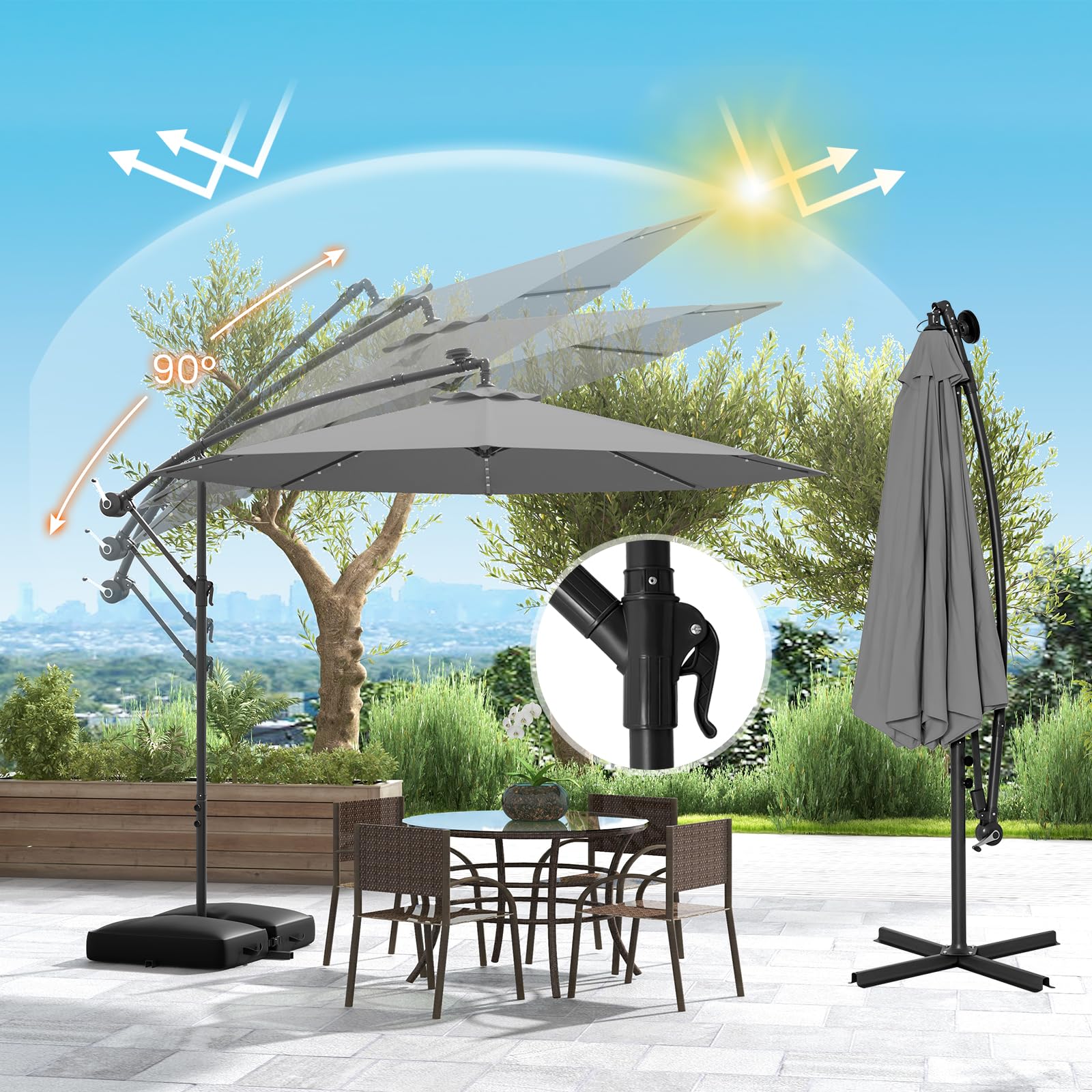 GOPLUS Parasol de Jardin Extérieur avec Pied, Parasol Déporté 3x3M, avec 40 Lampes Solaires, Toile Inclinable, Manivelle, 8 Baleines, Anti-UV, pour Terrasse Cour Patio (Gris)