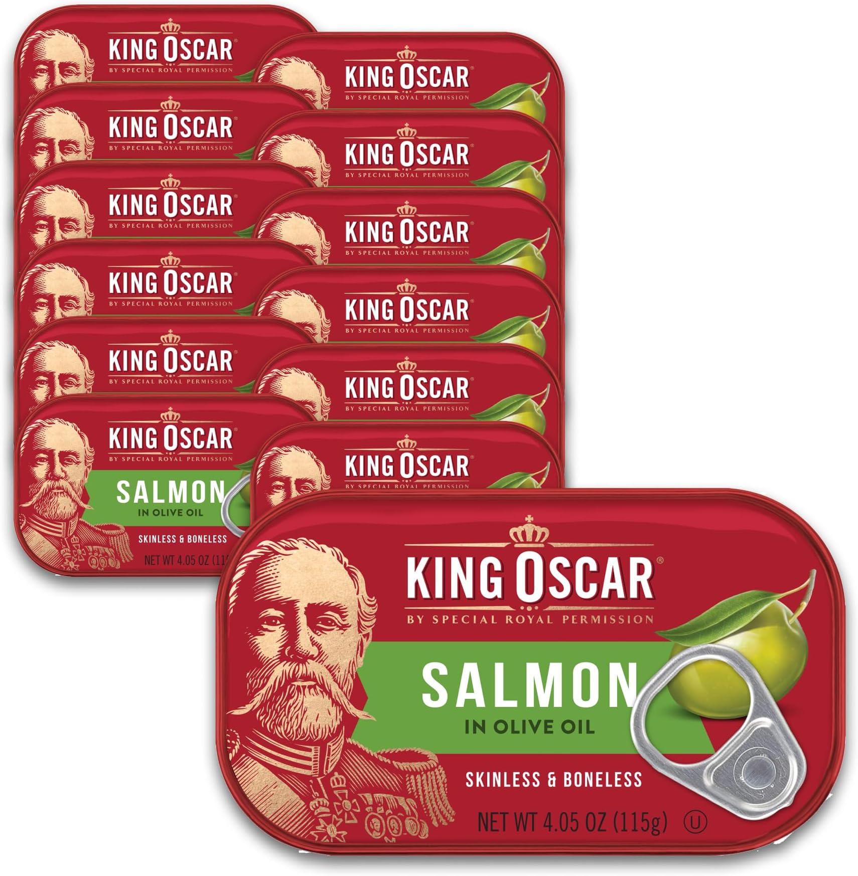 King Oscar Premium Skinless & Boneless Atlantic Salmon in Olive Oil, 4.05 oz Cans, Pack of 12, Tinned Salmon
