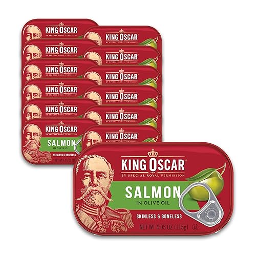 King Oscar Salmón premium en aceite de oliva, latas de 4.05 onzas (paquete de 12, el embalaje puede variar), salmón sin piel y sin hueso