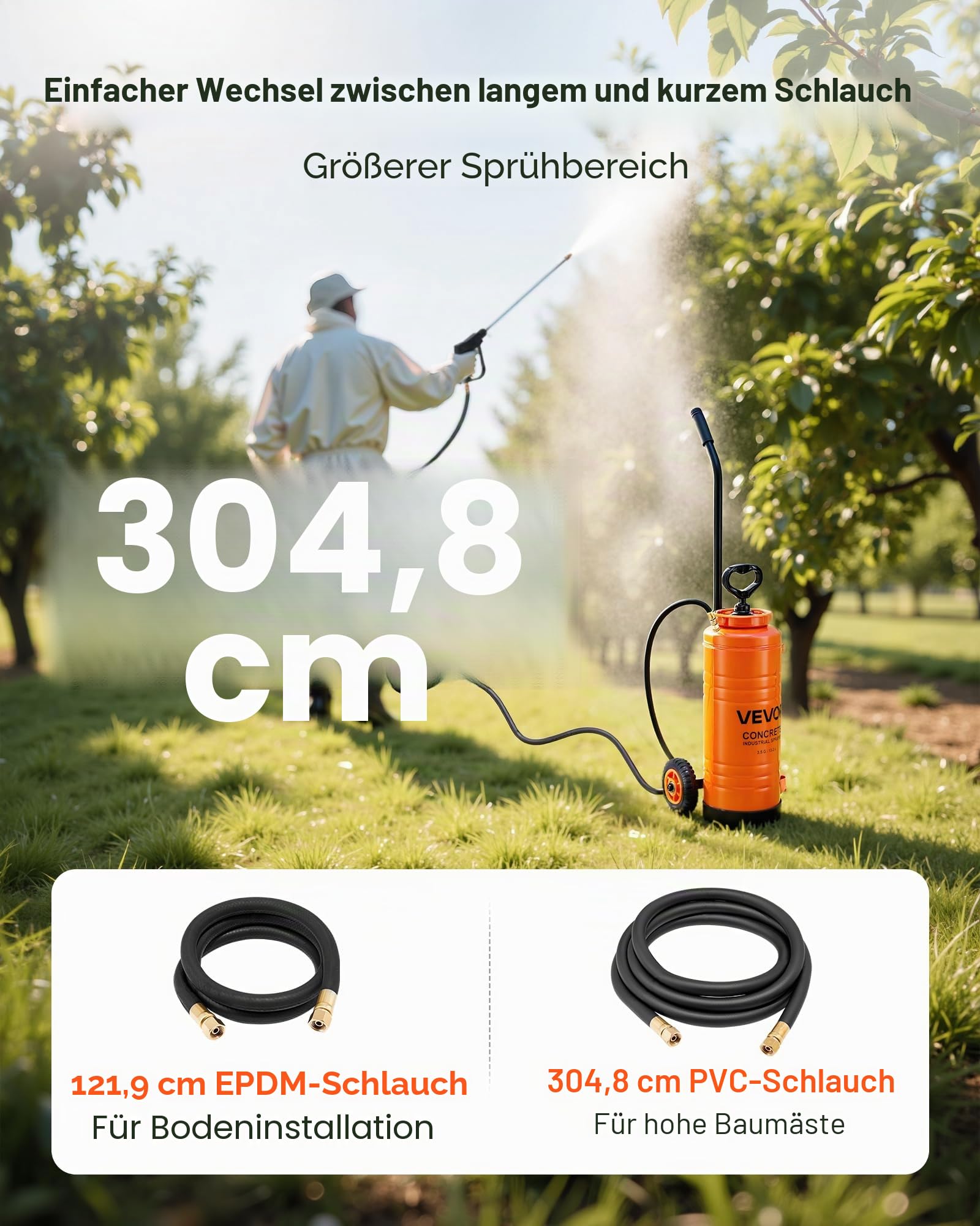 VEVOR Drucksprüher, Sprühgerät, Industrieller Betonsprüher mit Rolle, 13,2 L Edelstahlsprüher, Hochleistungs-Pumpsprüher, inkl. Schläuche, 2 Messingdüsen, ideal für BAU, Rasen und Garten
