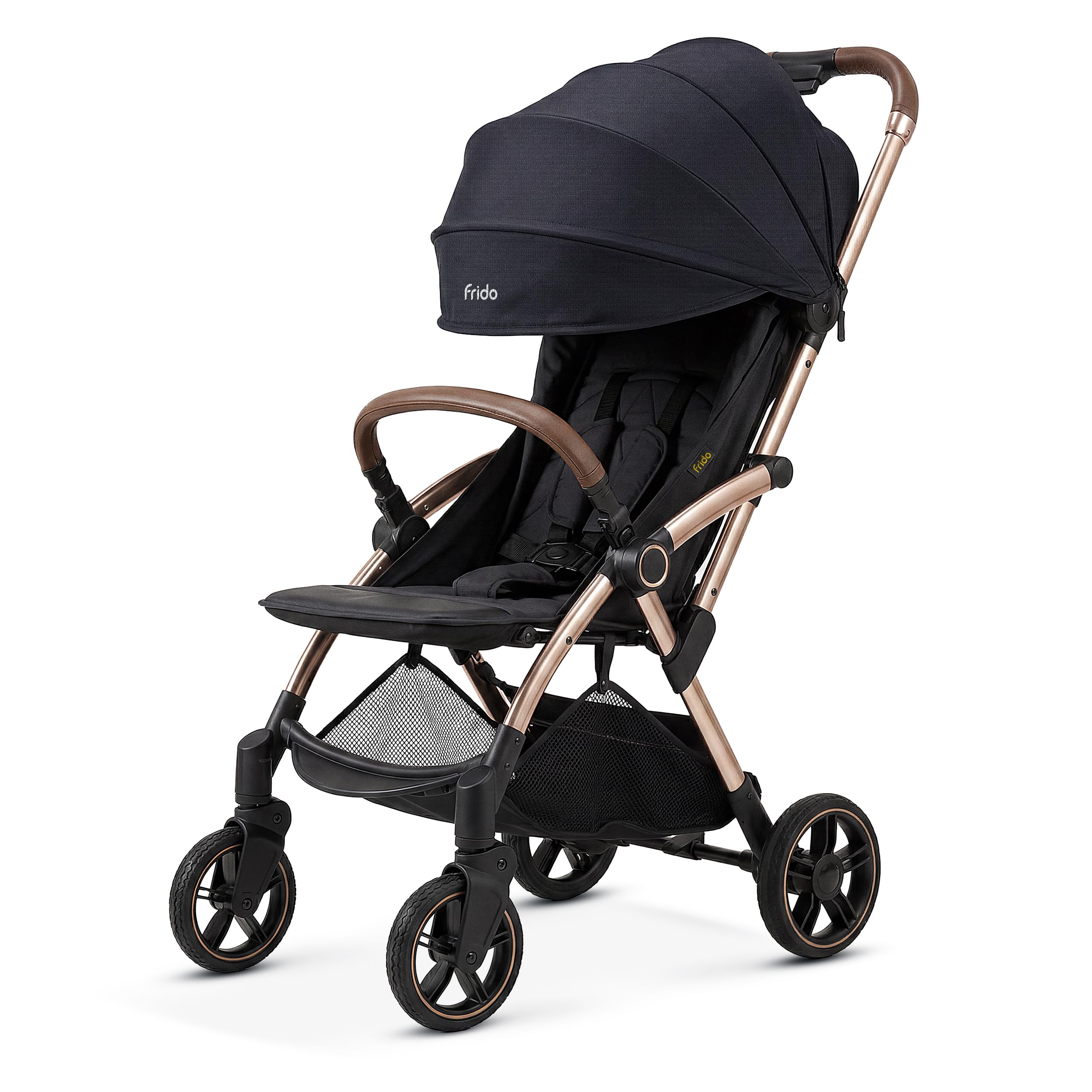frido autofold travel stroller for babies, en1888 certified, one-hand auto-fold & 5-point safety harness, lightweight travel-friendly design with suspension wheels (0-4 years, gold haze)