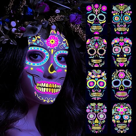 8 Sheets Day of the Dead Neon Face Tattoos Glow in the Dark, Halloween Skeleton Temporary Tattoos for Makeup, Dia De Los Muertos Sugar Skull La Catrina Paint Stickers for Women Adults Kids (Yellow)