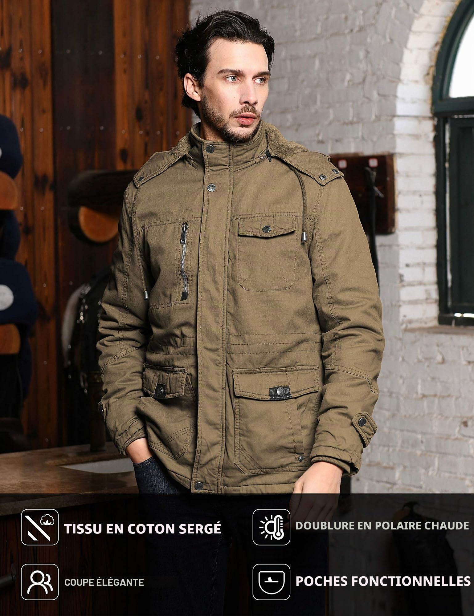 WenVen Homme Veste à Capuche en Coton Classique Chaud Polaire Parka