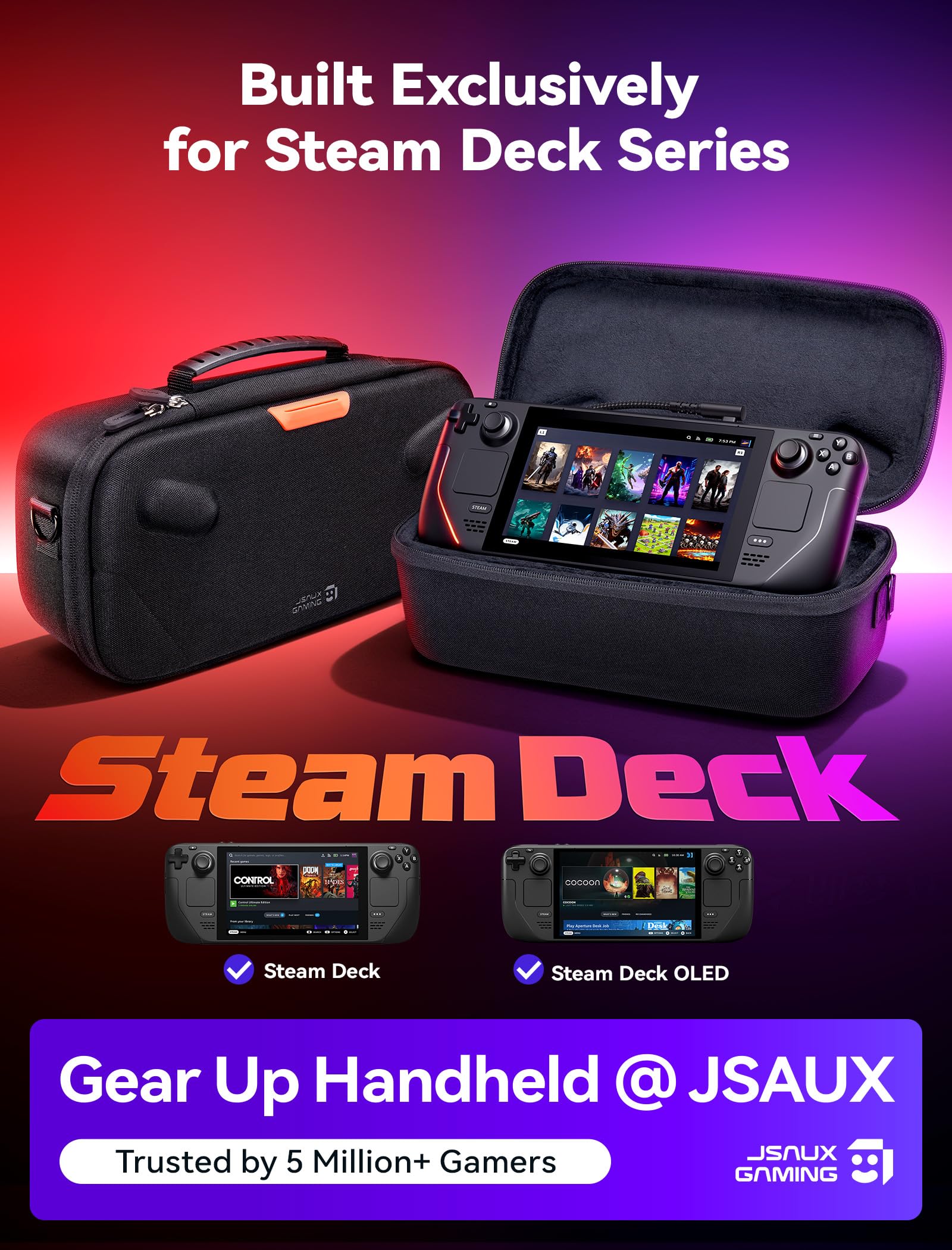 JSAUX Carry Case for Steam Deck and Steam Deck OLED, Dual Layer Travel Case with Built in Cable Port, Right Angle USB C Cable Included, Large Capacity, Fits Charger and Accessories - 3
