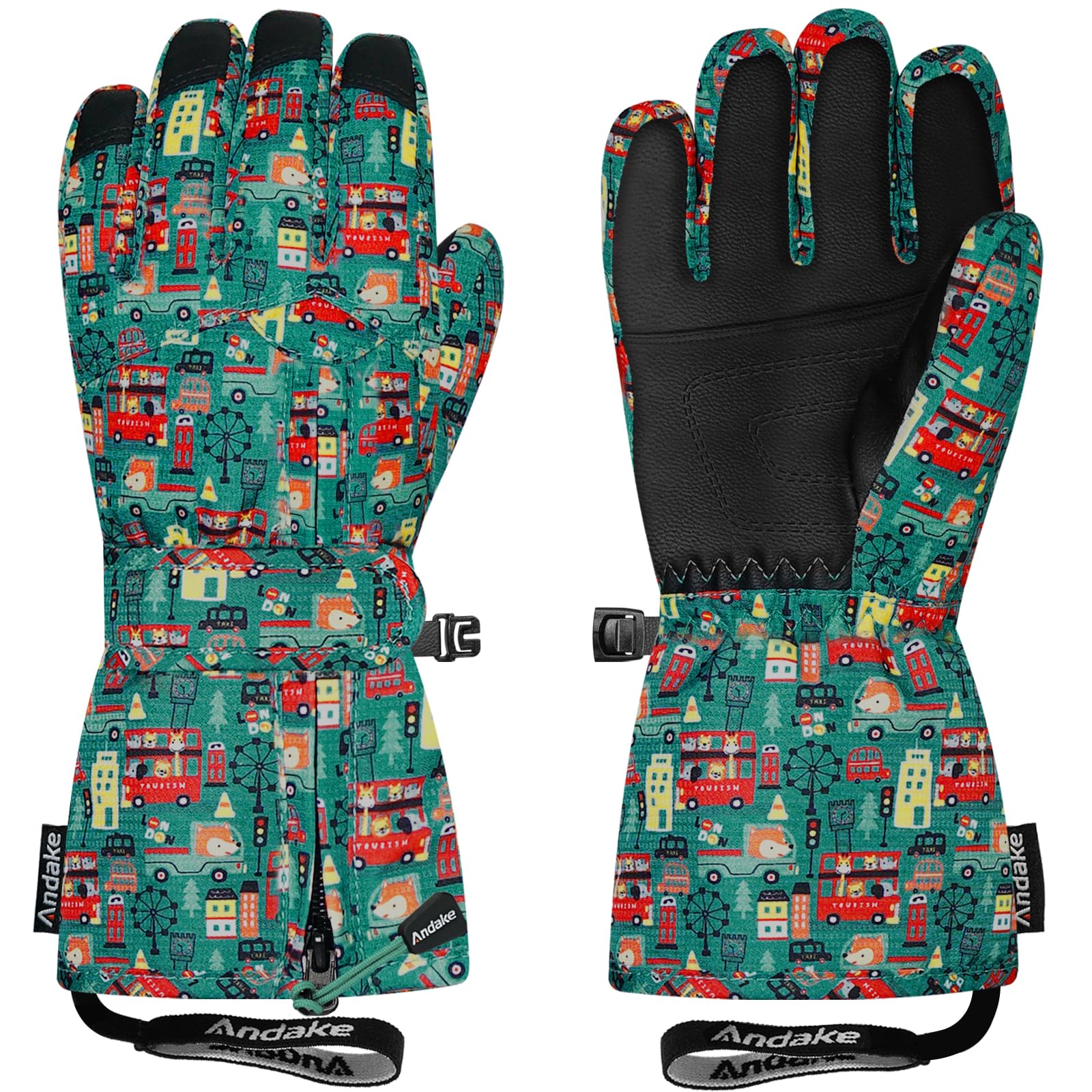 Andake Winter Ski Snow Gloves for Kids 2-14 - Waterproof Thermal Mittens for Boys Girls with Anti-Loss Wrist Strap, Windproof Cold Protection &amp; Cute Printing Design Toddler Snow Gloves
