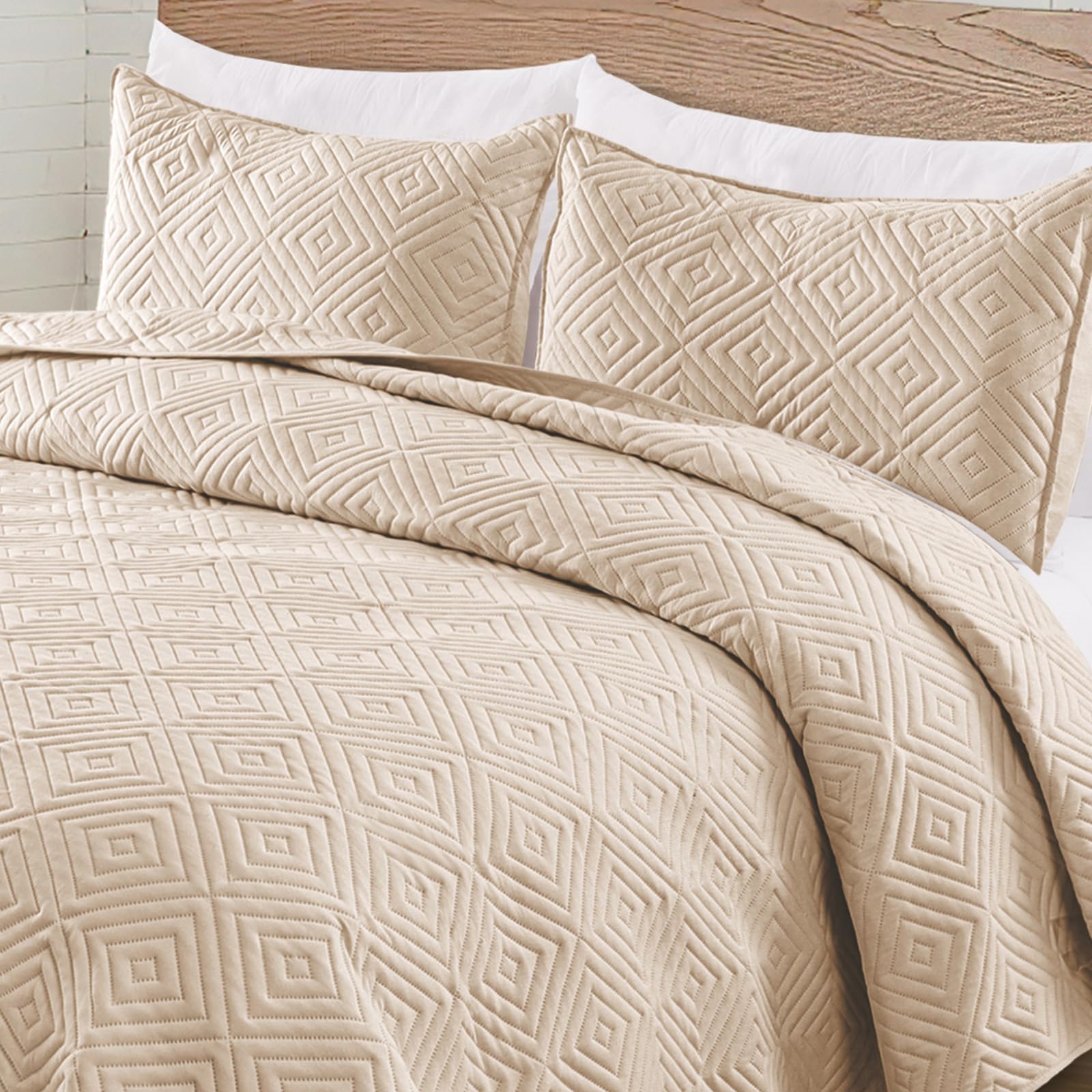 Exclusivo Mezcla Quilt Set King Size, Soft Beige Bone Quilts Coverlets for All Seasons, Lightweight Modern Bedspreads Bedding Set with Pillow Shams, Square Pattern