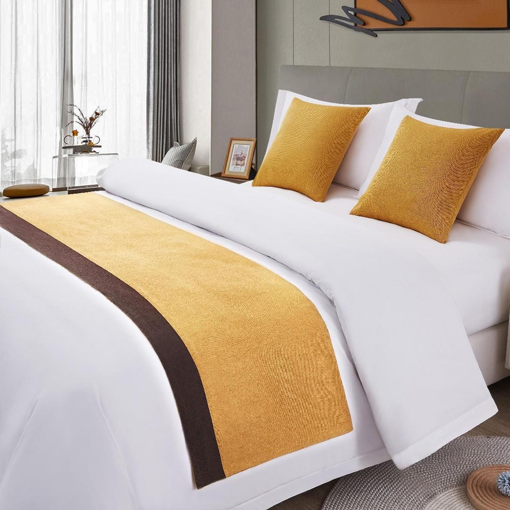 Clmethe B King Size Ed Runner Scarf Cotton Linen Geometric Line Contrast Color Patchwork Edding Protector Home Hotel Guesthouse Decor,-50 * 180Cm(1.2M Ed)