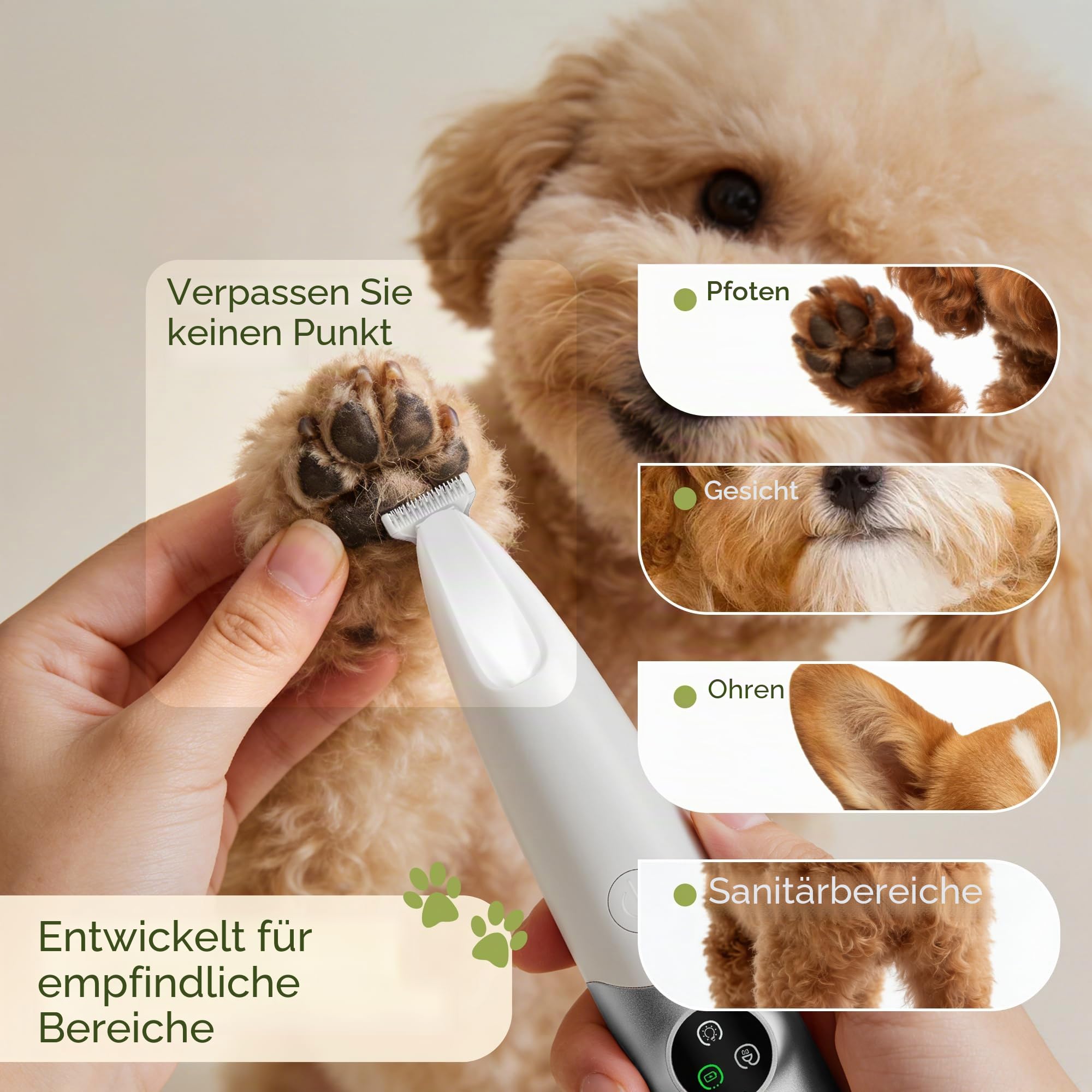 BarberBoss Kabelloser Haustier-Fellpflege-Clipper, Keramikklingen, LED-Display, schnelles Aufladen, elektrische Haustierschneidemaschine für Hunde und Katzen (Silber und Weiß) | Für Hunde und Katzen, Geräuscharm, LED-Anzeige, Wasserdicht, USB-aufladbar, K