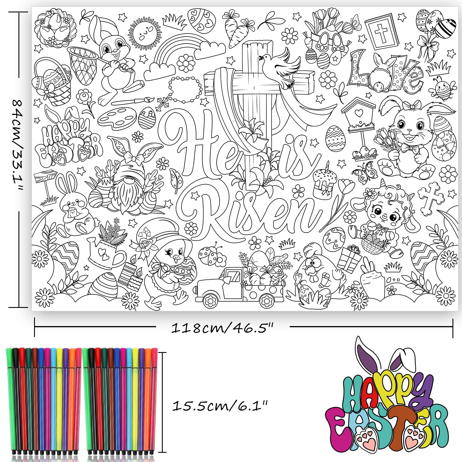 HOWAF Easter He is Risen Coloring Poster with 24pcs Paint Pens,Happy Easter Religious Themed Jumbo Paper Coloring Banner,Jesus Easter Coloring Tablecloth for Kids Easter Party Favors - Image 2