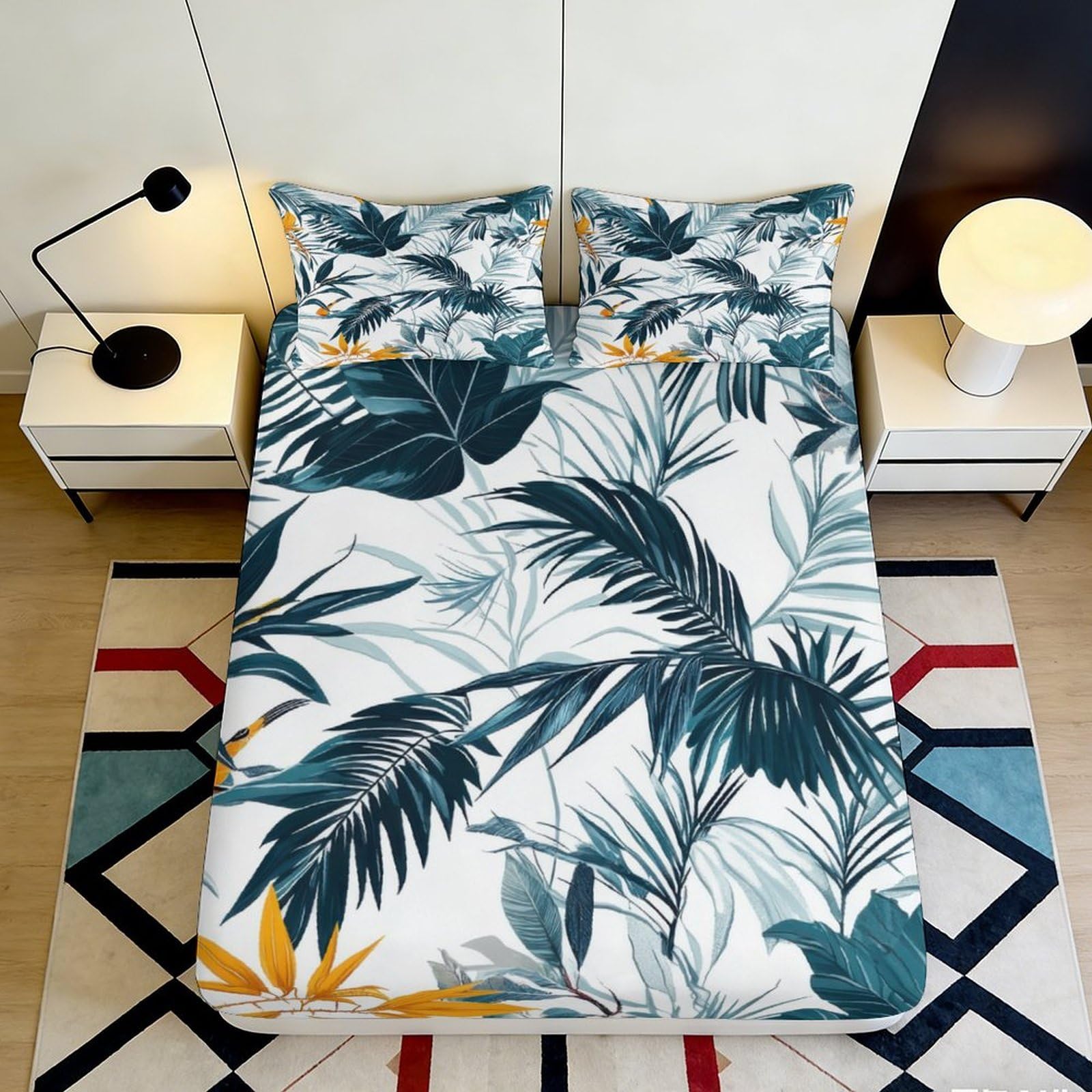 3D Printed Tropical Leaf Fitted Sheet Microfiber Soft Breathable Botanical Bed Cover for Bedroom Guest Room Decor 90x200x25cm