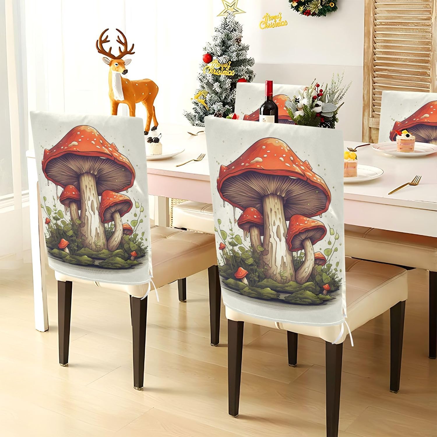 ALAZA Red Mushroom Chair Back Cover Set of 6, Washable Reusable Removable Chair Slipcovers Decorative Chair Cover for Home Kitchen Wedding Party