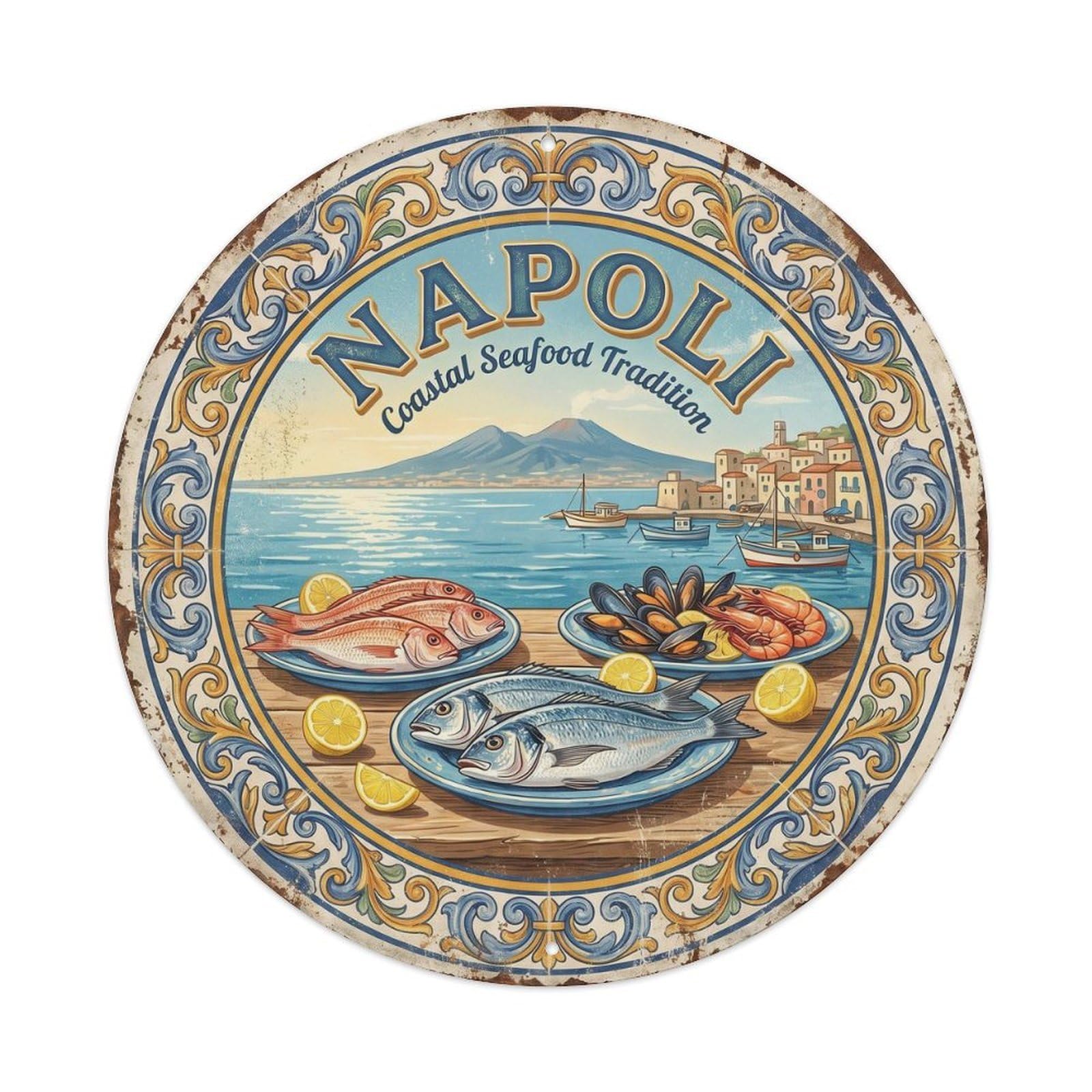 Vintage Travel Italian Seafood Naples Metal Tin Sign Plaque Wall Decor for Cafe, Club, Garden Round Metal Poster 8x8Inch