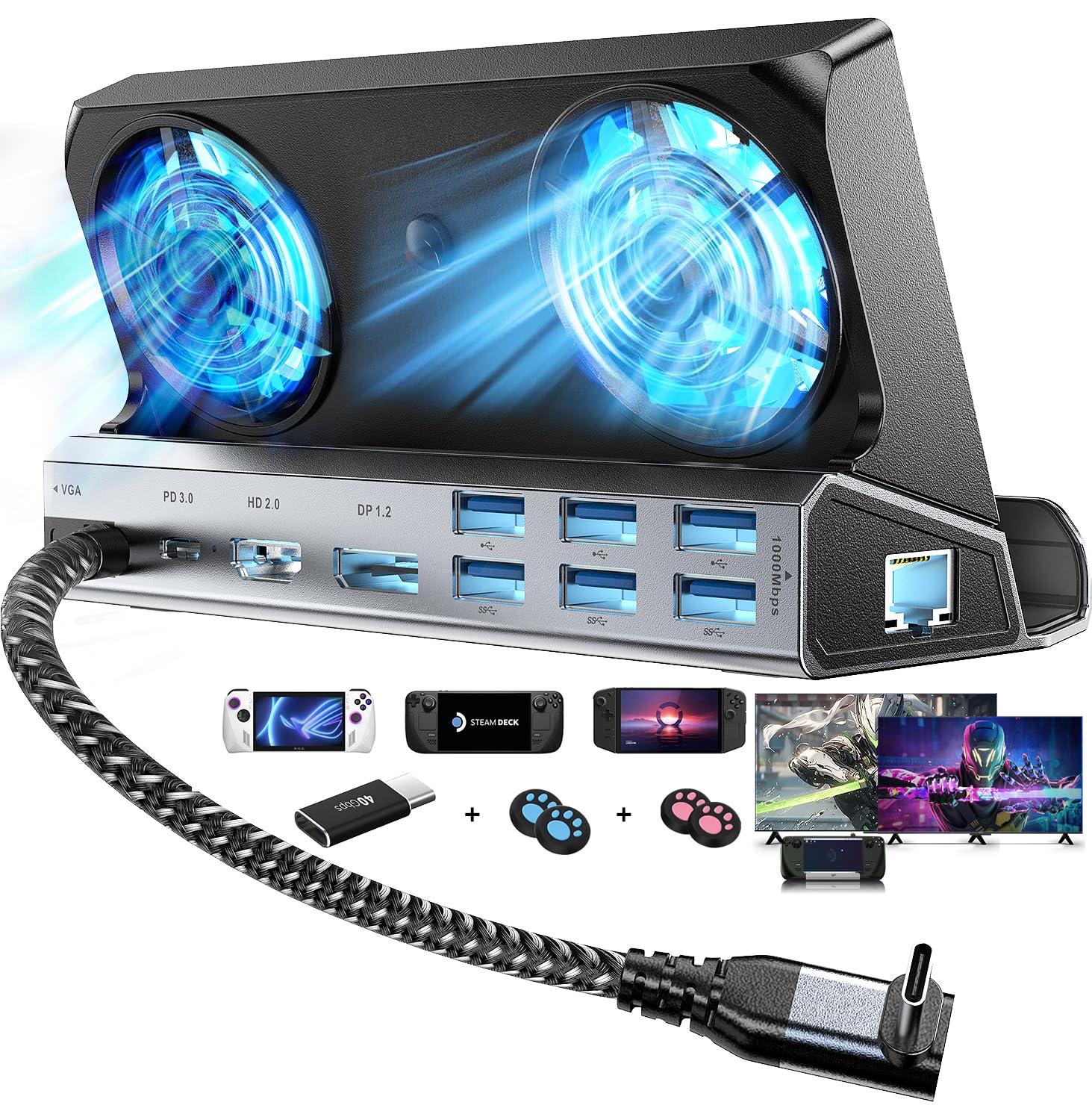 YCE Freve di raffreddamento 14 in 1 Steam Deck Docking Station with HDMI 2.0,6 USB Ports,1000Mbps,Type c 100W PD,DP1.2,VGA 40Gbps Adapter for Steam Deck/Rog Ally/Switch/Legion Go