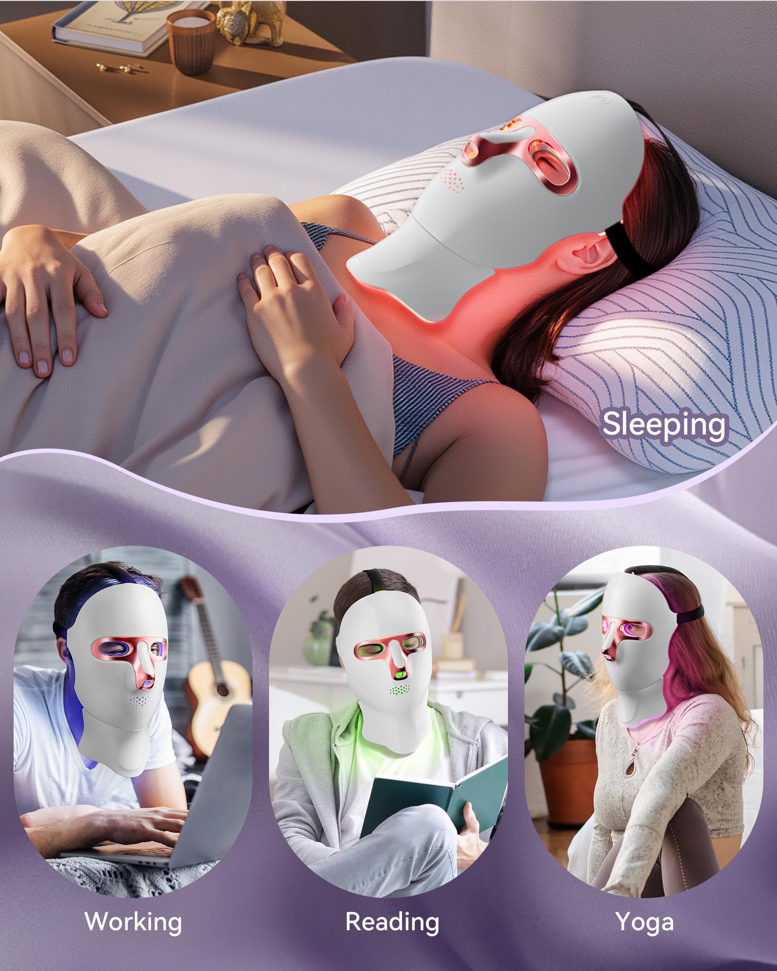 FOLOKE LED Light Therapy Mask Skin Care Mask, LED face & neck Red 630±5nm & NIR 830nm Wavelength,USB C Rechargeable for Home Use Working Travel Yoga (Sakura Pink）