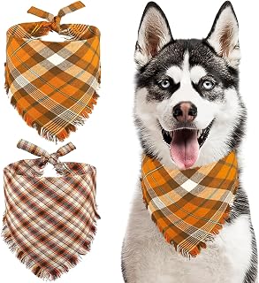 Fall Dog Bandana 2 Pack, Autumn Thanksgiving Dog Bandanas Large, Orange Plaid Pet Scarf for Boy and Girl, Holiday Bandana Triangle Bibs for Medium and Large Dogs