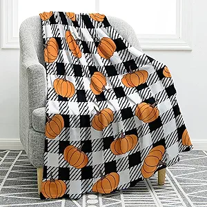 Jekeno Pumpkin Blanket Buffalo Plaid Gifts for Women Kids Girls Men Home Bedroom Living Room Decor Soft Cozy Fall Harvest Thanksgiving Halloween Throw Blanket Black and White Check 50"x60"