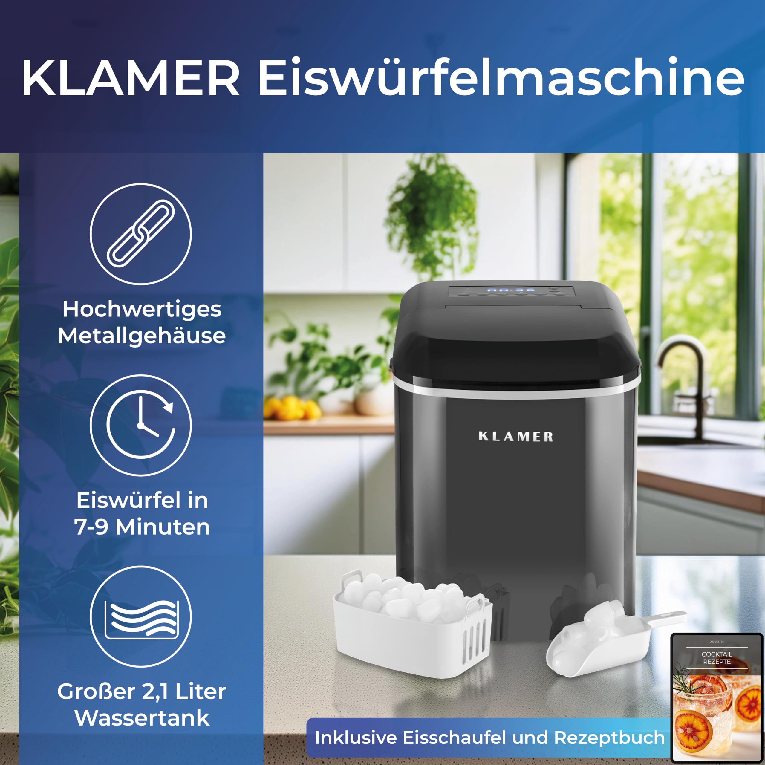 KLAMER Eiswürfelmaschine klein 10 Eiswürfel in 7 Min 15 kg pro Tag leiser Ice Maker Timer schwarz