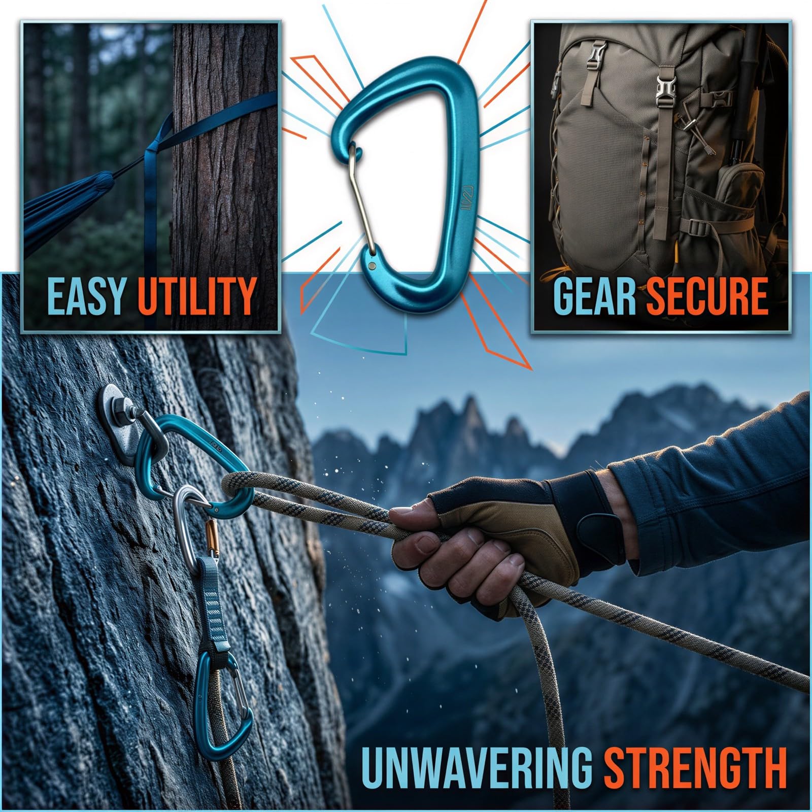 10 mousquetons à Doigt Fil, Mousqueton en D 12 KN en Aluminium aéronautique 7075, Clip Professionnel léger pour hamacs, Backpacking, Camping et activités de Plein air, Orange et Bleu