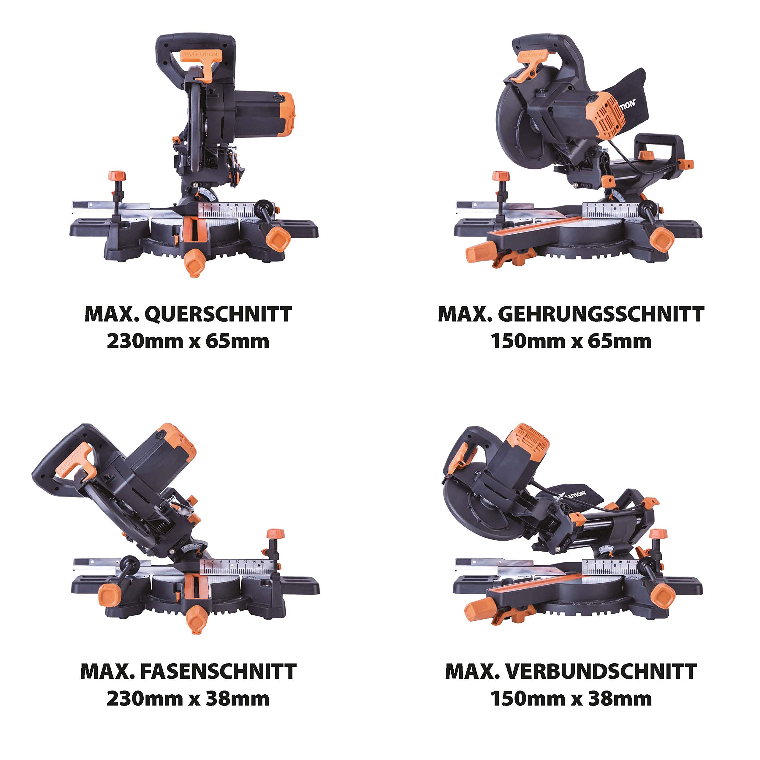 Evolution Schiebe-Kapp- und Gehrungssäge R210SMS+ | 1500 W, 230 mm Gleitfunktionalität, Schrägschnitt, Gehrungswinkeln | Ø 210 mm HM / TCT Sägeblatt für Multimaterialschnitt | Zug-kapp-gehrungssäge
