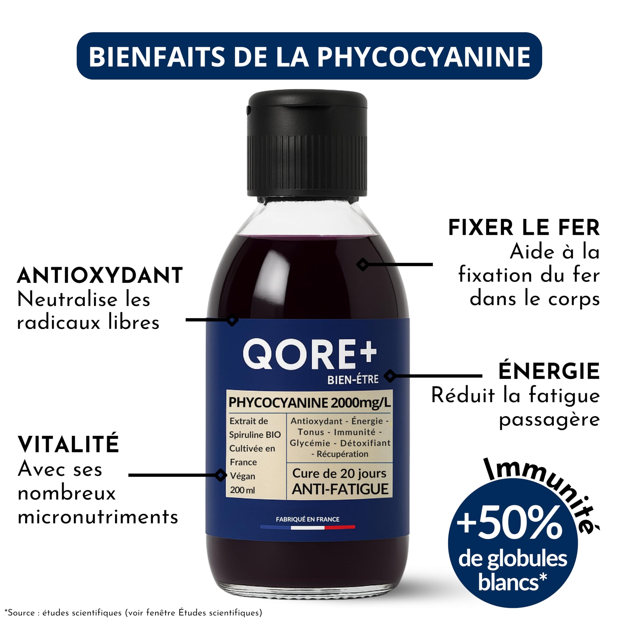 Phycocyanine Liquide Ultra Assimilable 2000 mg par Litre – Spiruline Bleue Française Sans Additifs – Cure 20 Jours – Énergie Naturelle, Récupération, Immunité et Antioxydant Vegan Made in France